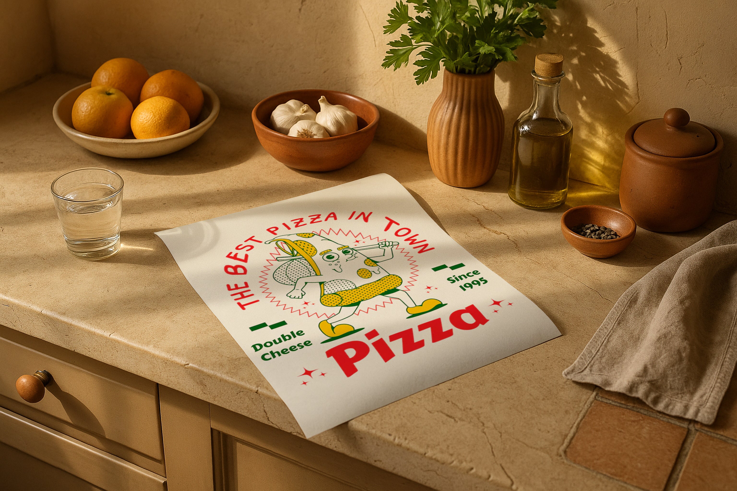 Poster mockup on rustic kitchen counter with fruits, herbs, garlic and olive oil, PSD smart object template for food artwork, Etsy printable design