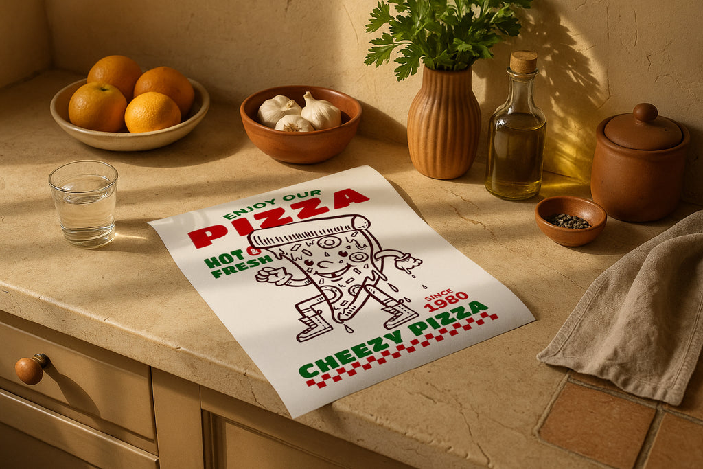 Poster mockup on rustic kitchen counter with fruits, herbs, garlic and olive oil, PSD smart object template for food artwork, Etsy printable design