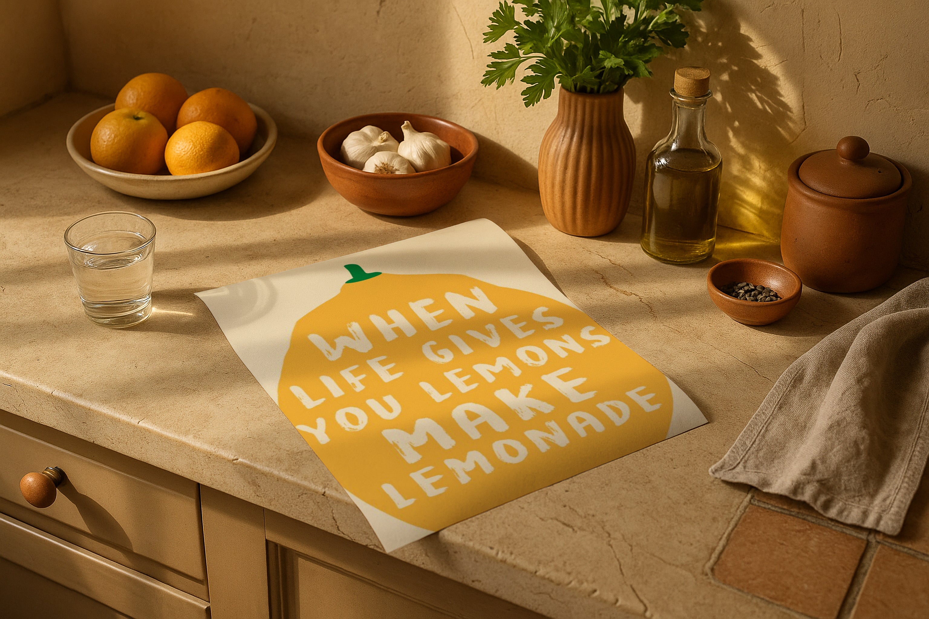 Poster mockup on rustic kitchen counter with fruits, herbs, garlic and olive oil, PSD smart object template for food artwork, Etsy printable design