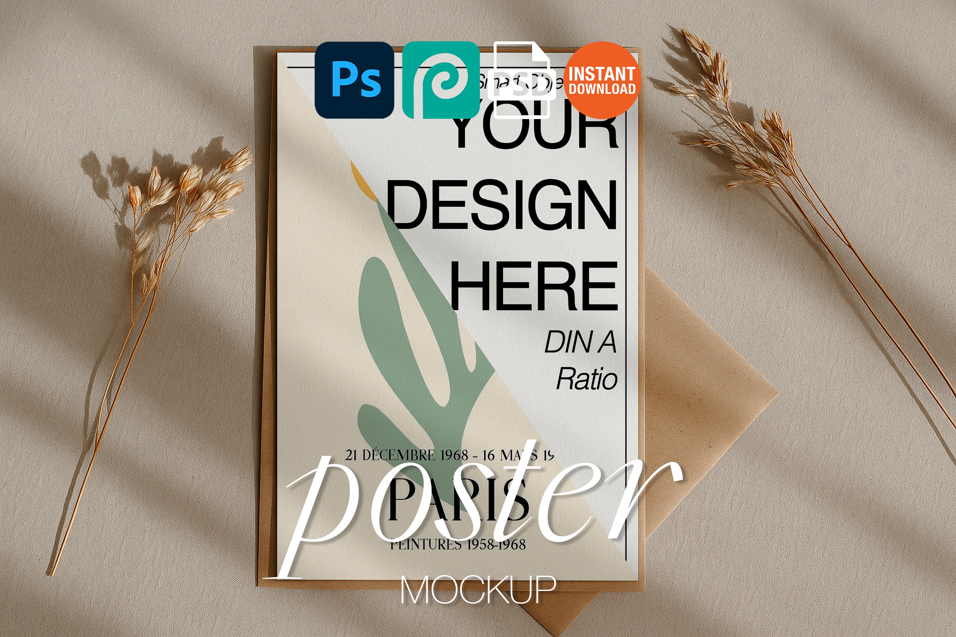 Vertical Poster Mockup PSD Flat Lay Boho Style Scene DIN A Ratio Smart Object