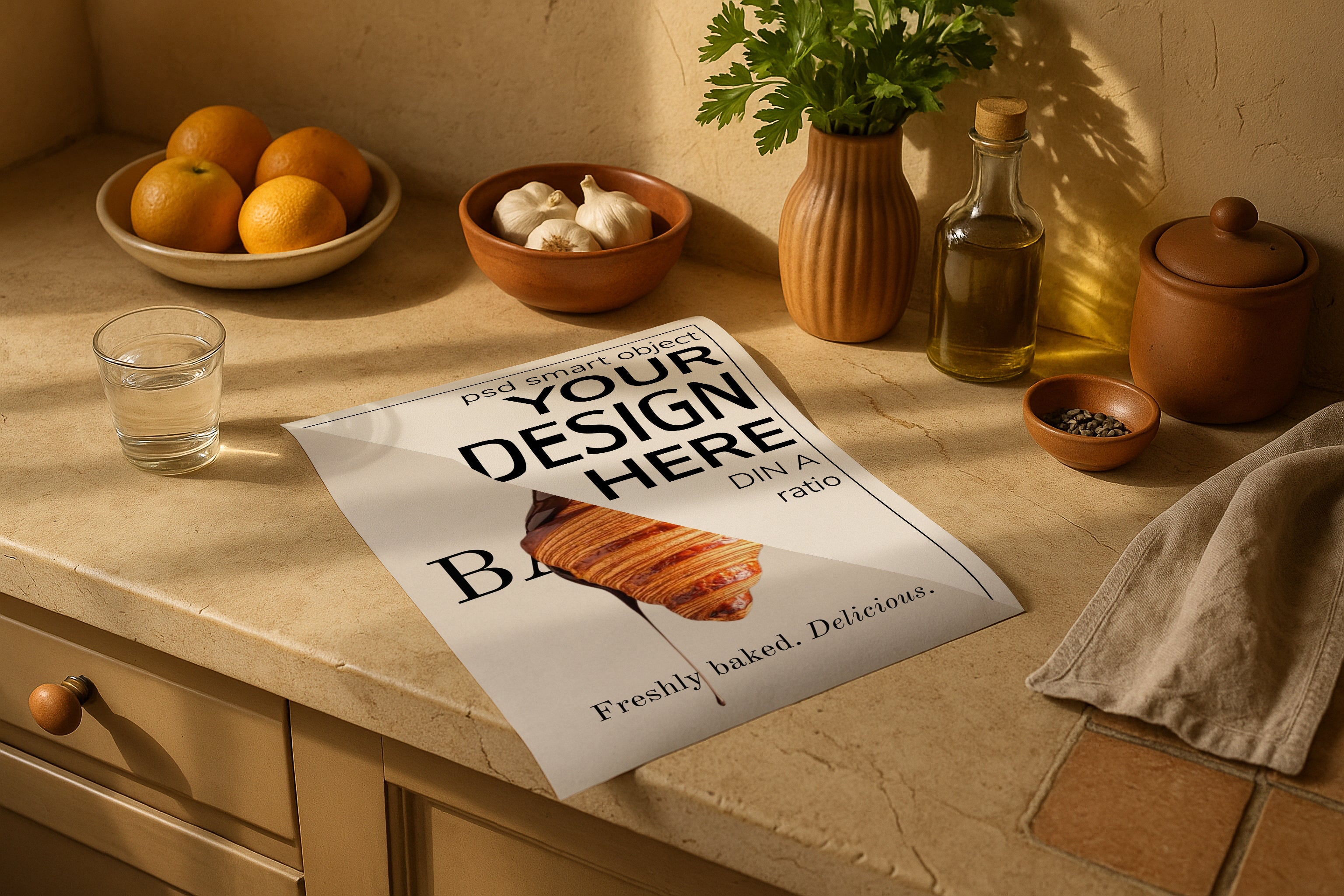 Poster mockup on rustic kitchen counter with fruits, herbs, garlic and olive oil, PSD smart object template for food artwork, Etsy printable design