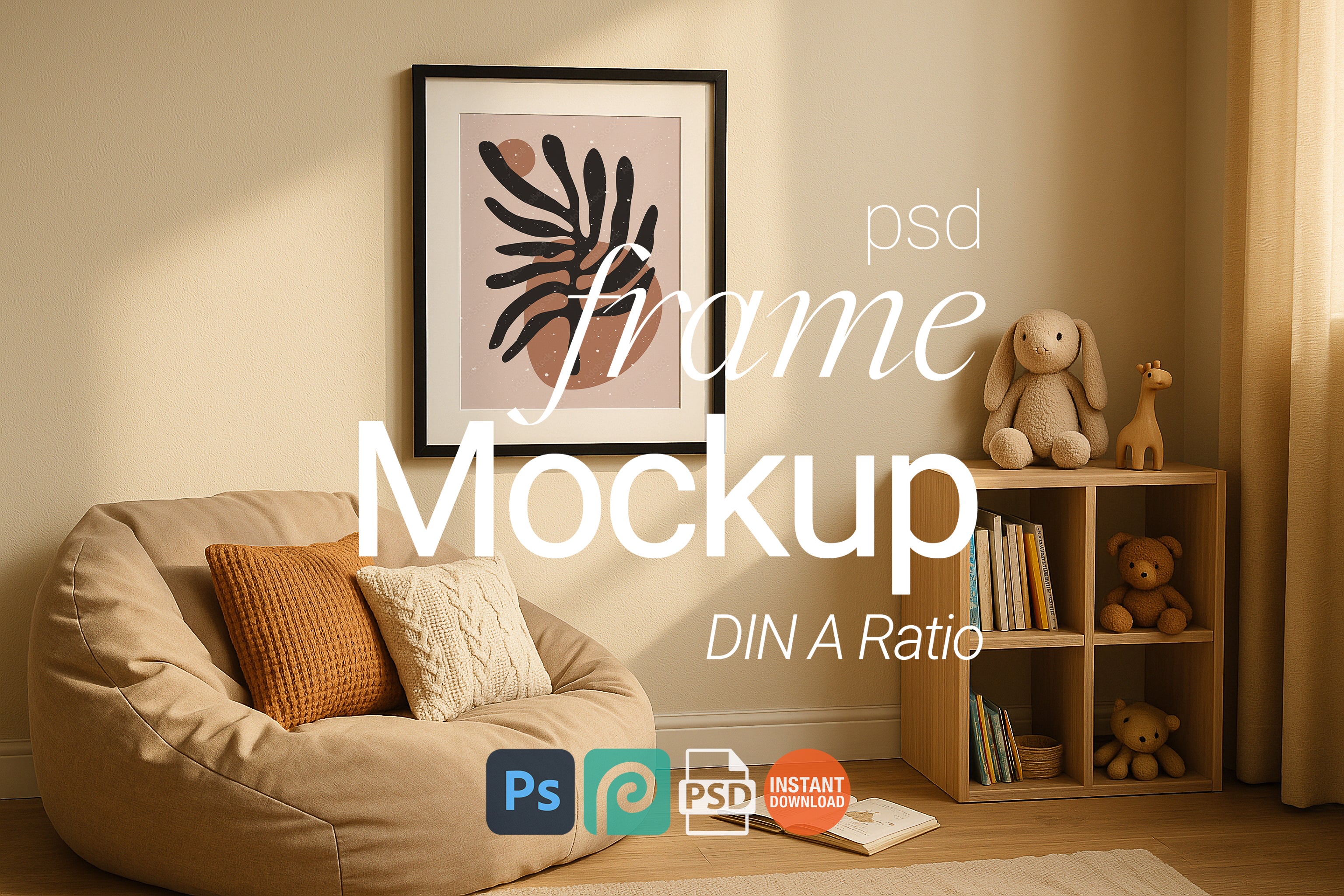 Single Black Frame Mockup Boho Nursery Wall Art Kids Room Poster Digital PSD Download