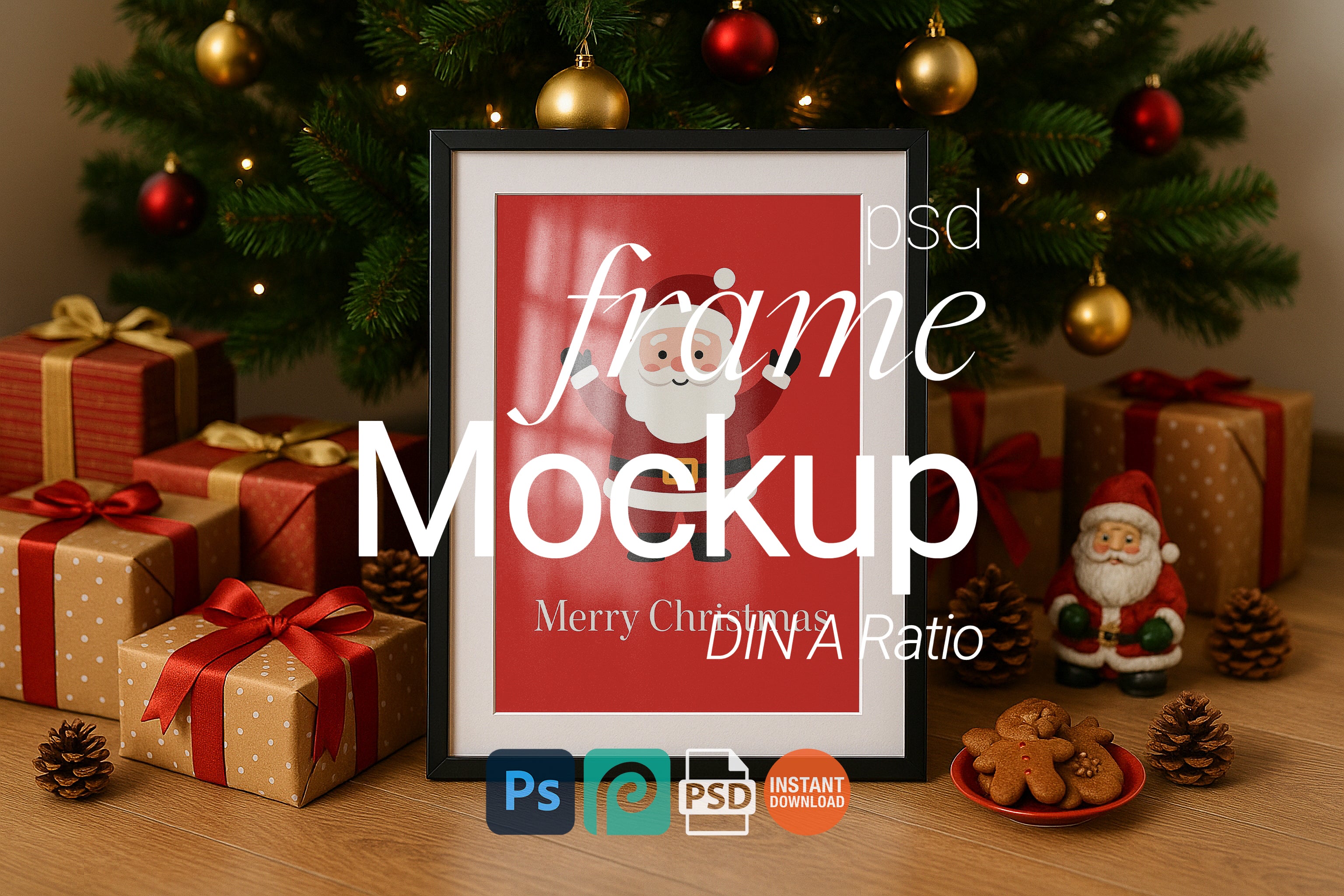 Christmas Tree Frame Mockup Wall Art Poster Display Winter Festive Digital PSD