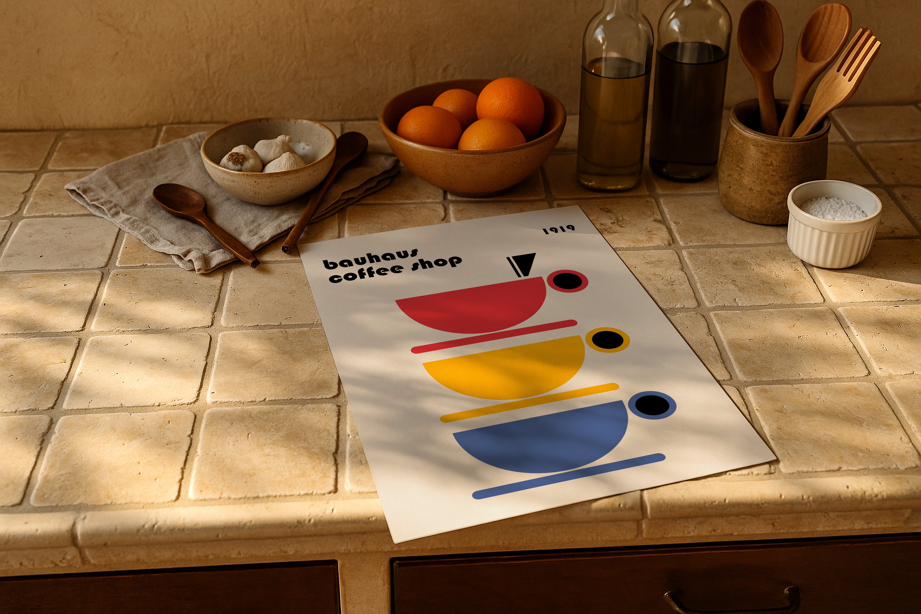 poster mockup on rustic tiled kitchen counter with oranges, garlic, olive oil and wooden utensils, PSD template for artwork, Etsy wall decor.