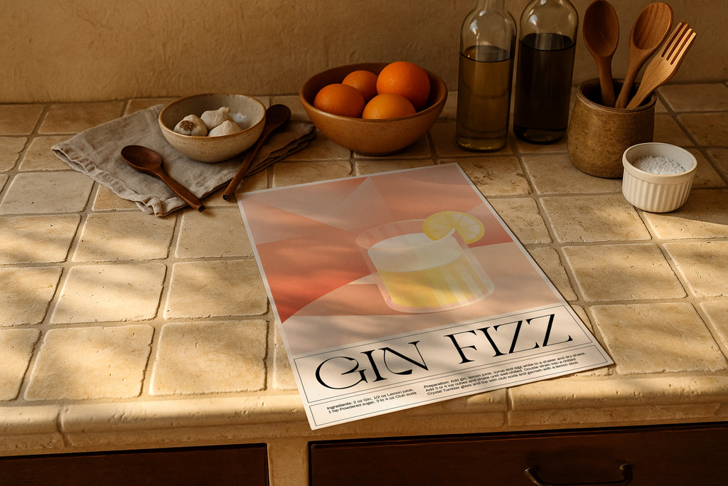 poster mockup on rustic tiled kitchen counter with oranges, garlic, olive oil and wooden utensils, PSD template for artwork, Etsy wall decor.