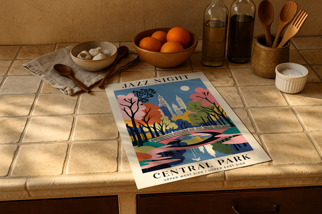 poster mockup on rustic tiled kitchen counter with oranges, garlic, olive oil and wooden utensils, PSD template for artwork, Etsy wall decor.