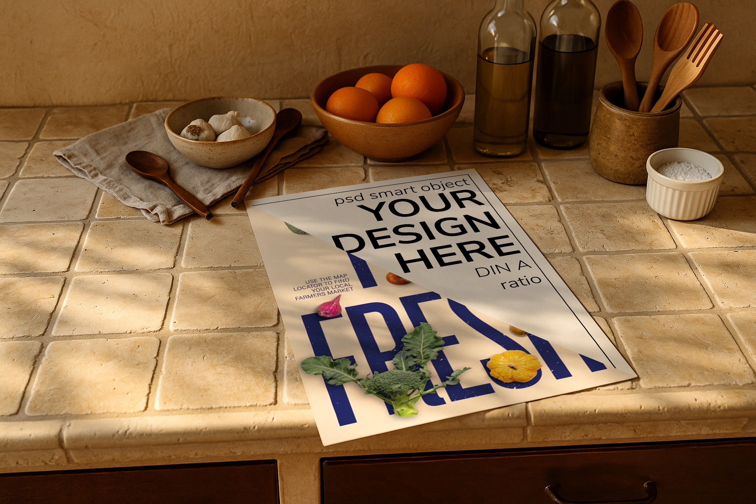 poster mockup on rustic tiled kitchen counter with oranges, garlic, olive oil and wooden utensils, PSD template for artwork, Etsy wall decor.