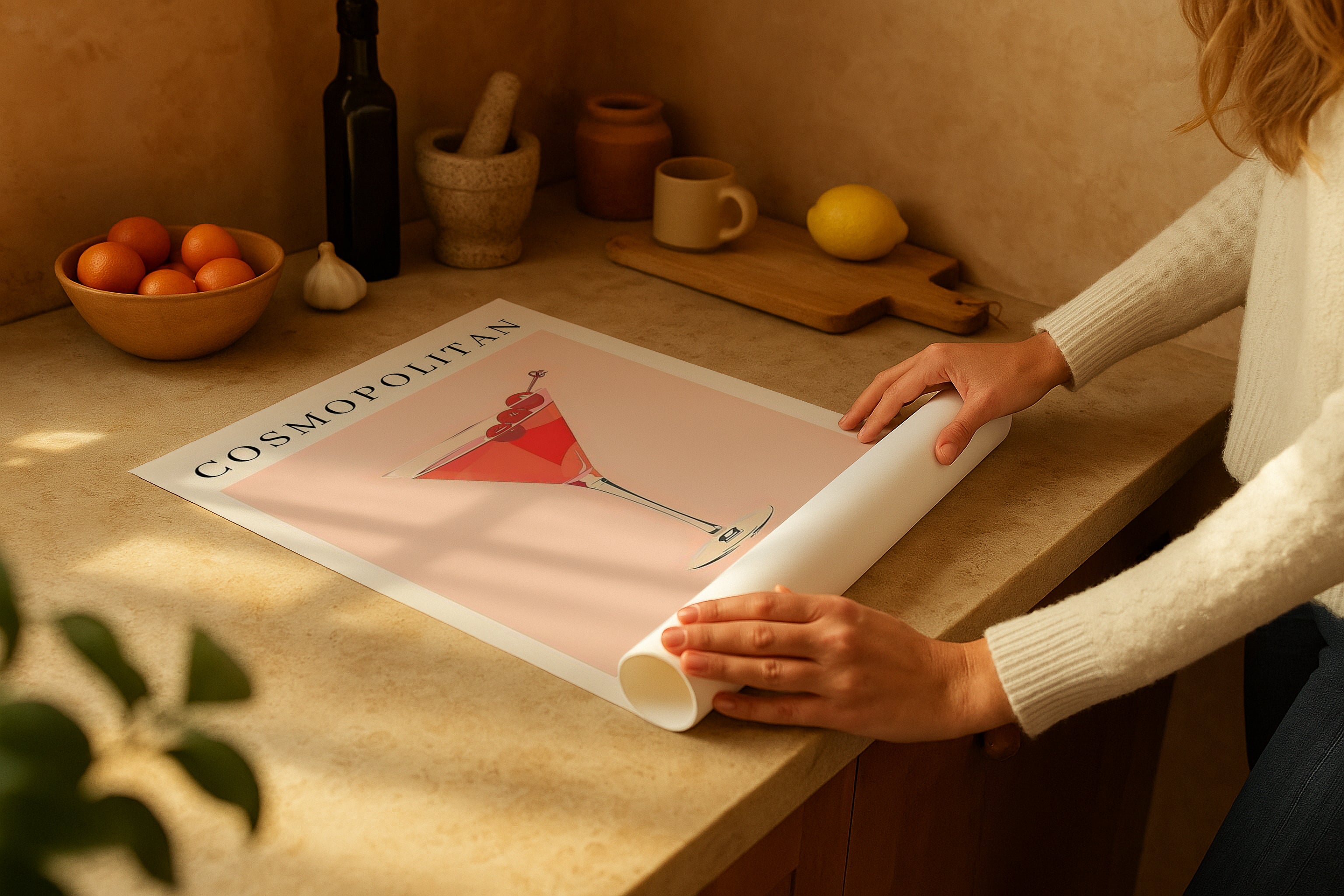 Poster mockup on rustic kitchen counter with fruit bowl, garlic, lemon and ceramic jars, PSD template for modern artwork, Etsy wall art.