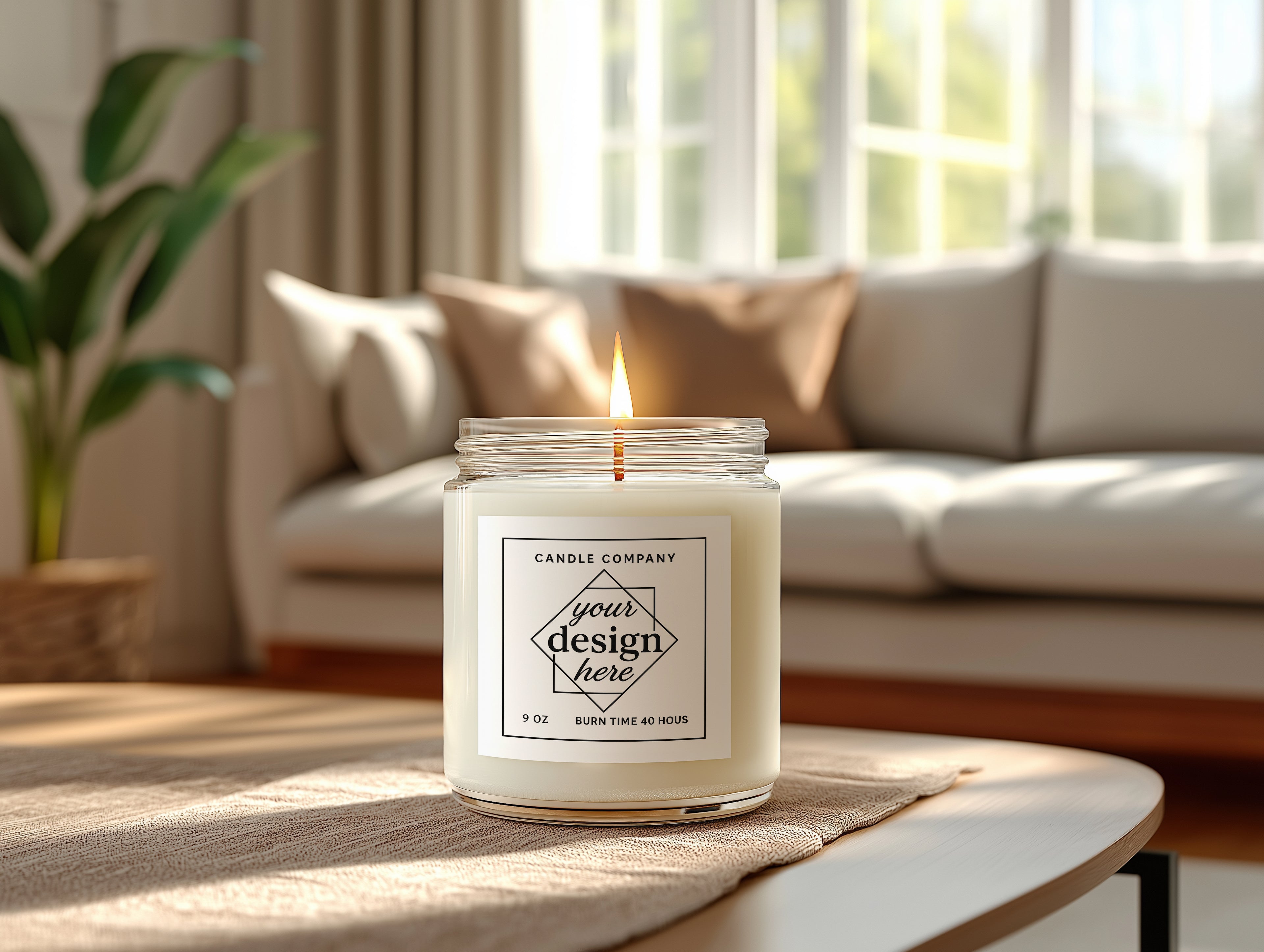 clear glass jar candle mockup with blank label burning on wooden coffee table in cozy living room natural light home decor photography for Etsy branding