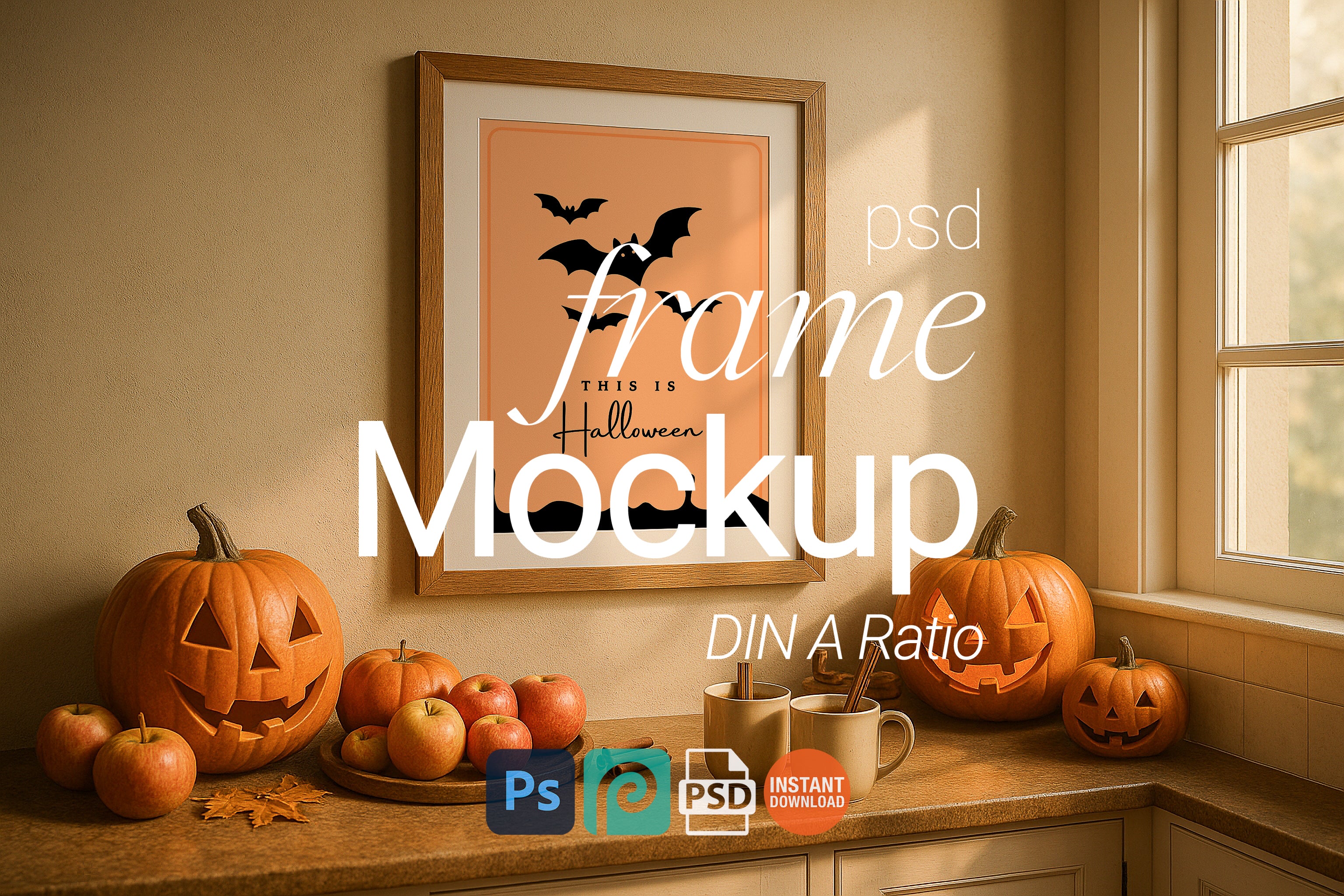 Halloween Single Wooden Frame Mockup Kitchen Wall Art Digital Poster PSD Template