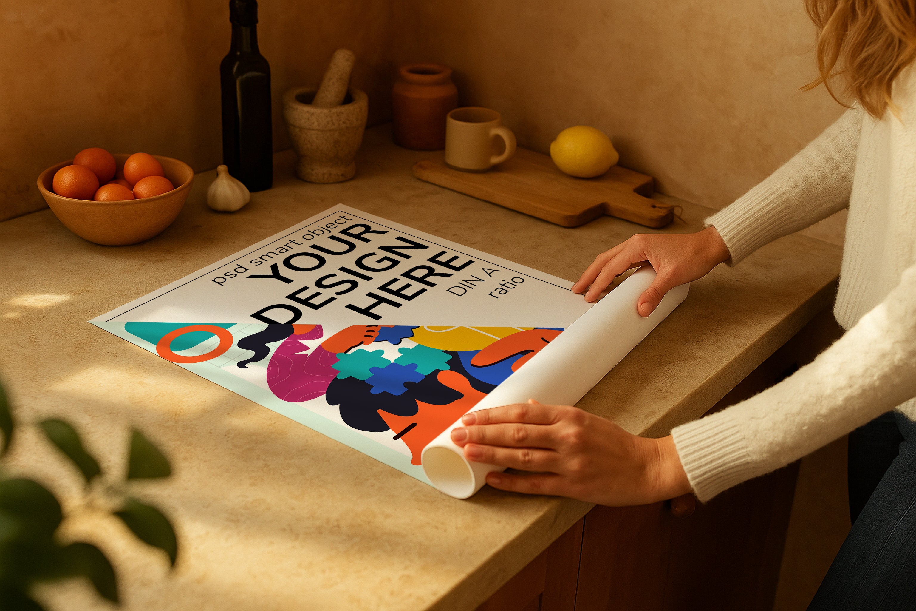 Poster mockup on rustic kitchen counter with fruit bowl, garlic, lemon and ceramic jars, PSD template for modern artwork, Etsy wall art.