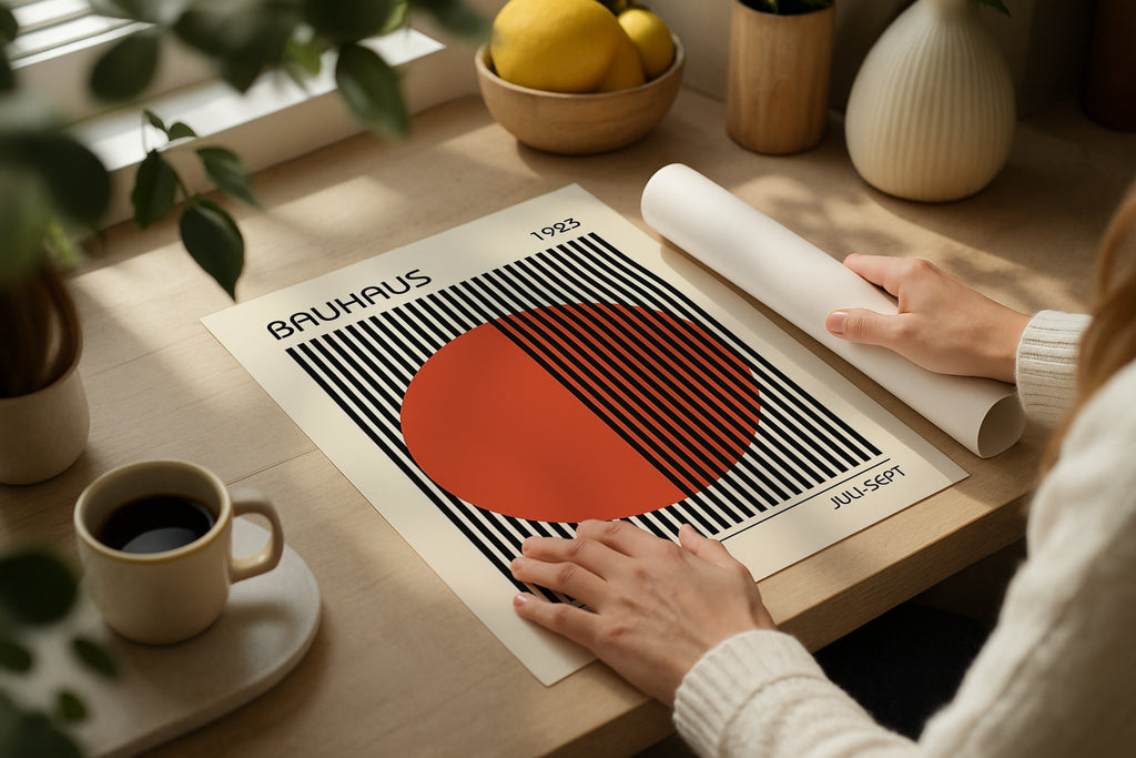 DIN Ratio poster mockup on wooden desk with coffee cup and lemons, PSD template for colorful artwork, Etsy wall art display