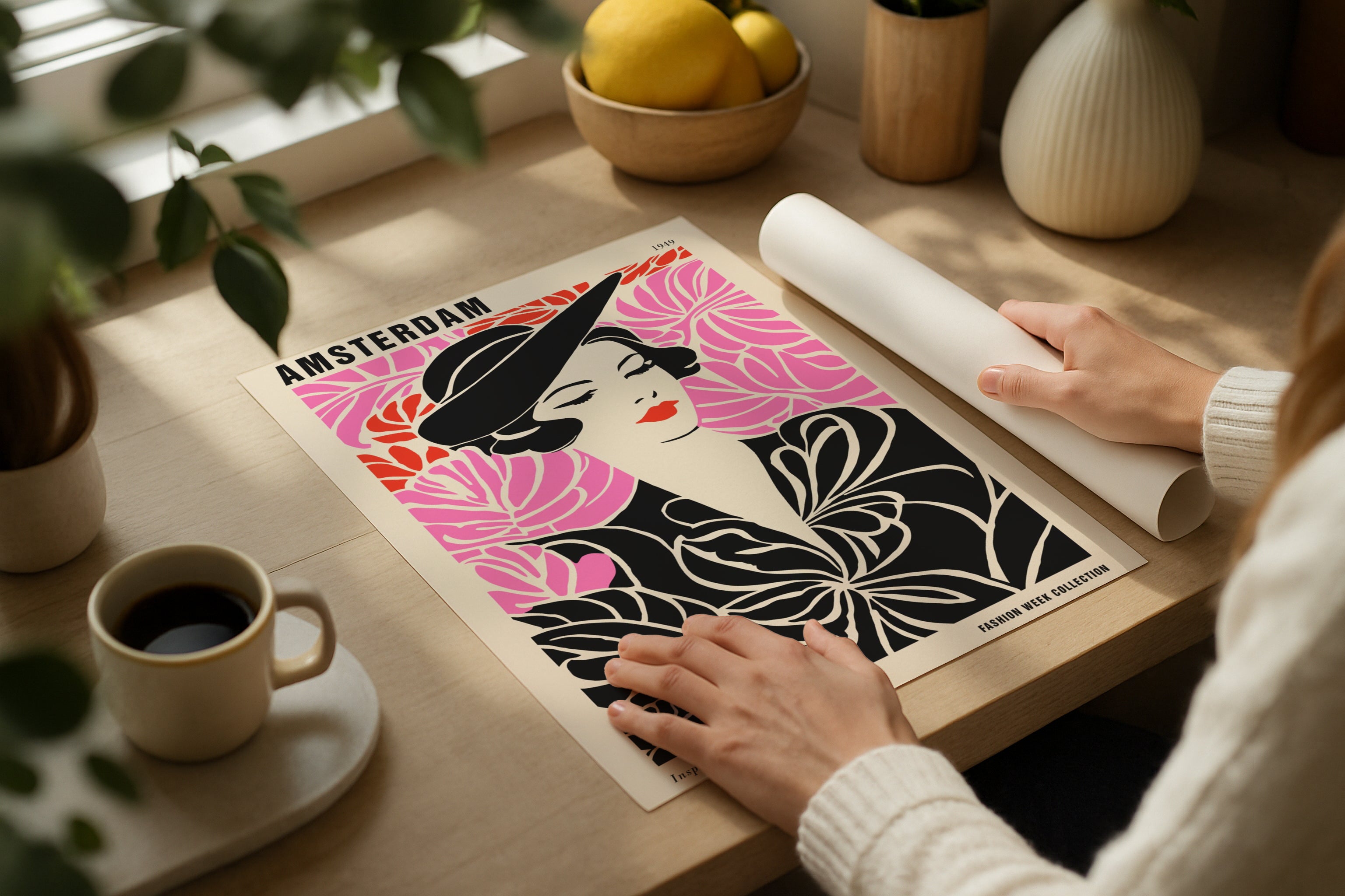 DIN Ratio poster mockup on wooden desk with coffee cup and lemons, PSD template for colorful artwork, Etsy wall art display