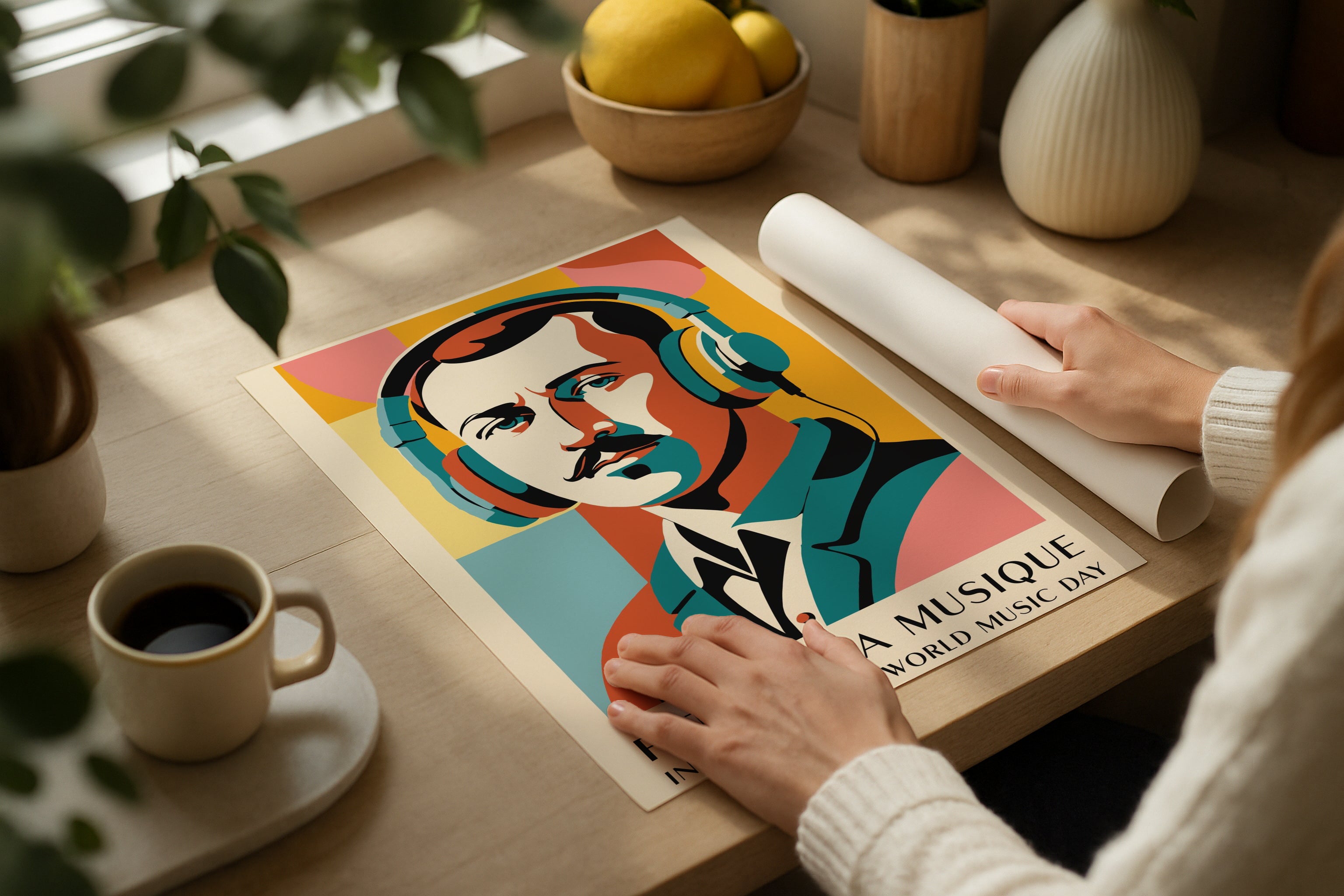 DIN Ratio poster mockup on wooden desk with coffee cup and lemons, PSD template for colorful artwork, Etsy wall art display