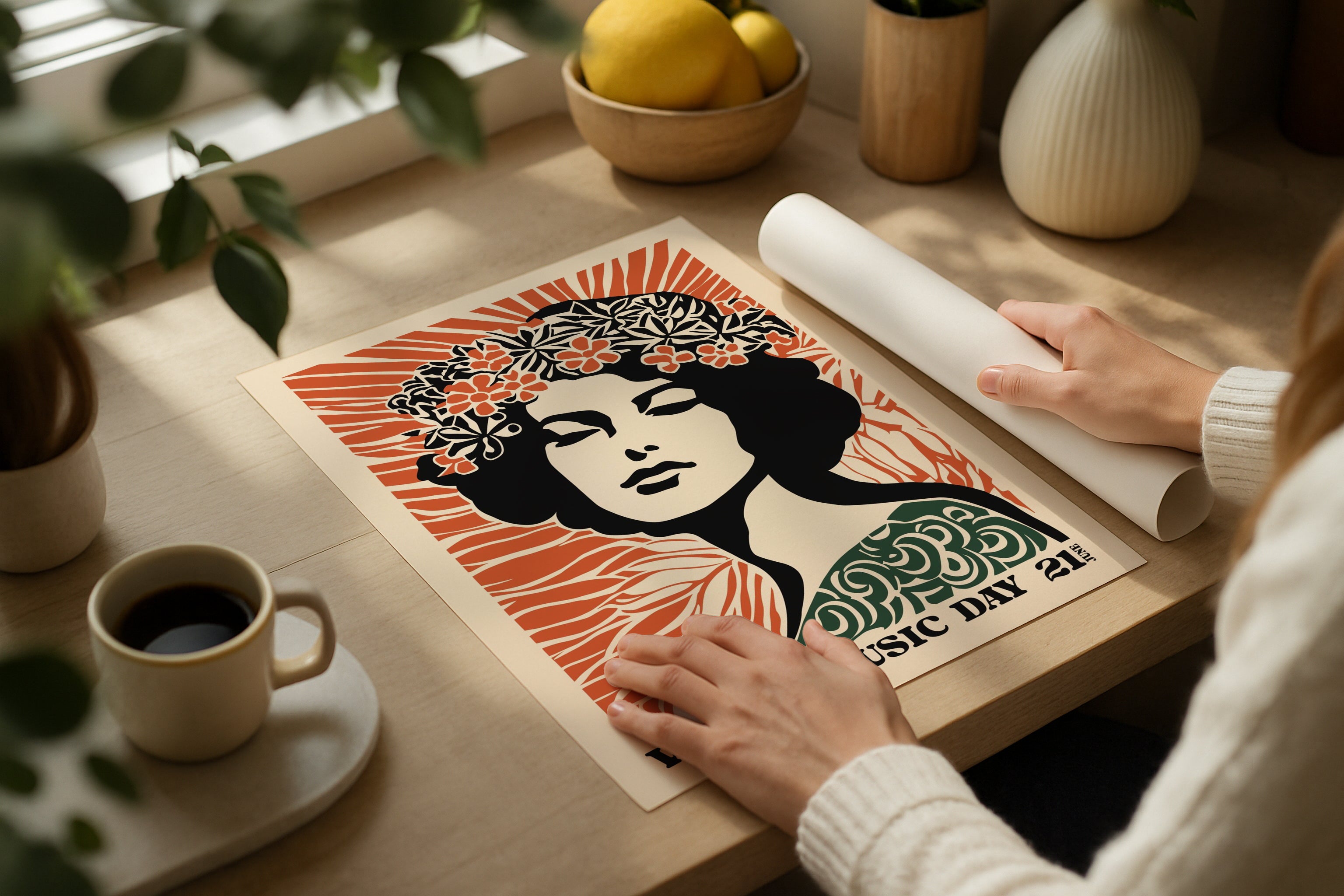 DIN Ratio poster mockup on wooden desk with coffee cup and lemons, PSD template for colorful artwork, Etsy wall art display