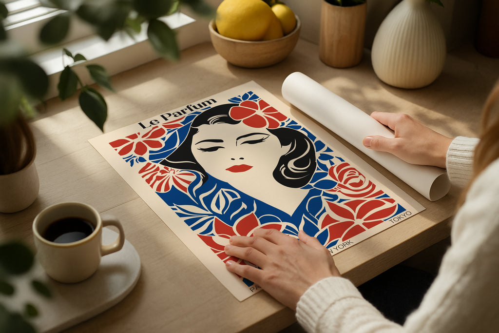 DIN Ratio poster mockup on wooden desk with coffee cup and lemons, PSD template for colorful artwork, Etsy wall art display