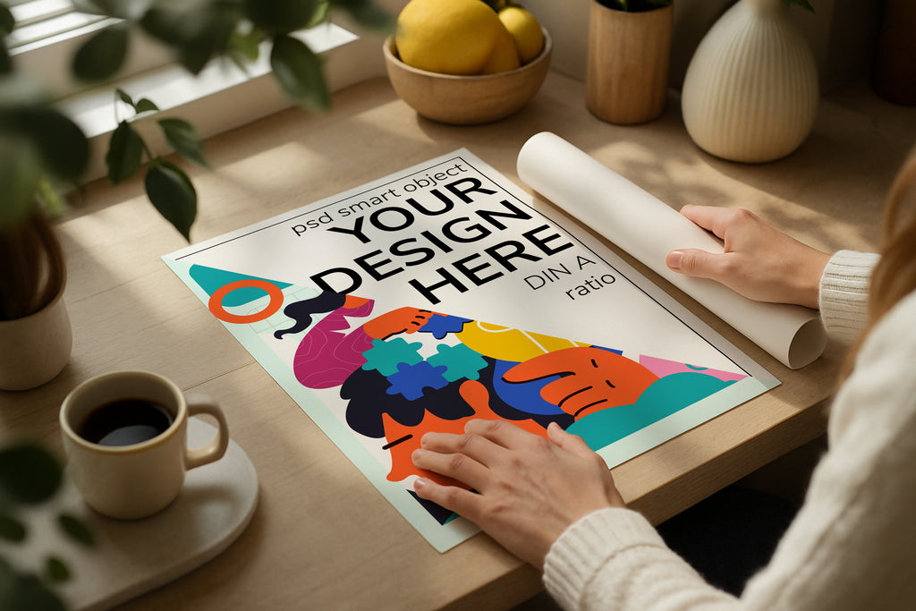 DIN Ratio poster mockup on wooden desk with coffee cup and lemons, PSD template for colorful artwork, Etsy wall art display