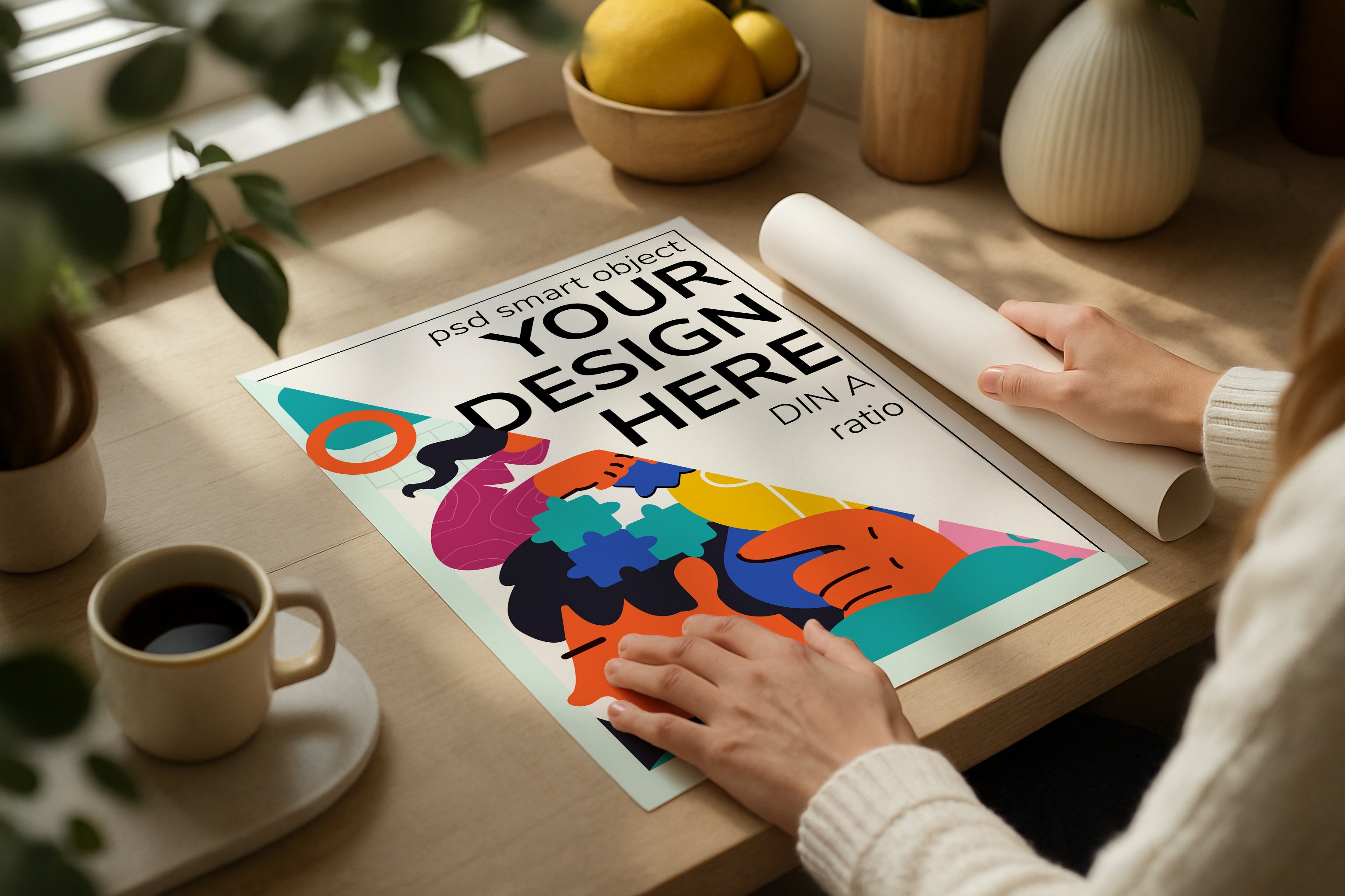 DIN Ratio poster mockup on wooden desk with coffee cup and lemons, PSD template for colorful artwork, Etsy wall art display