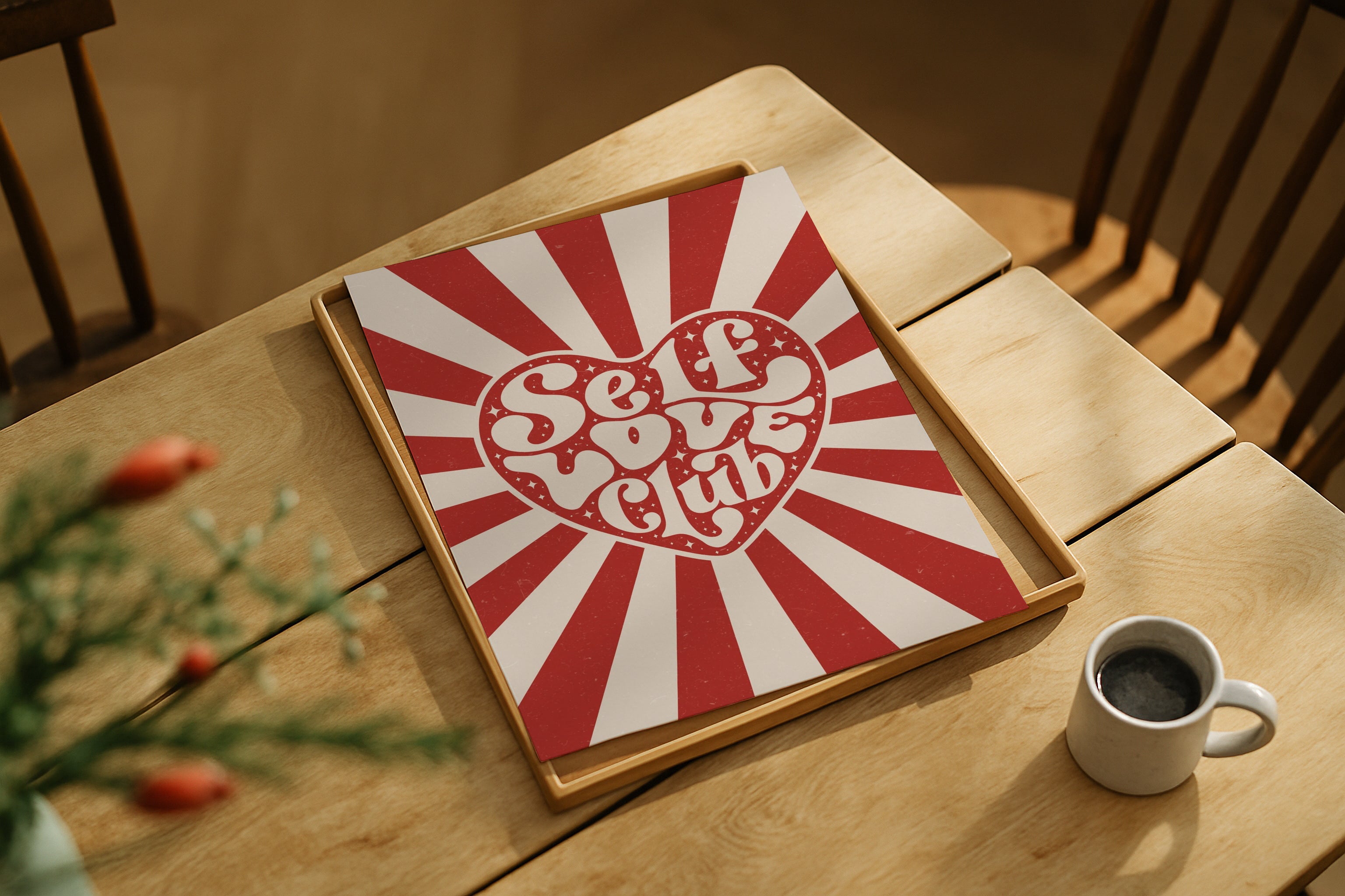 Vertical DIN Ratio poster mockup styled on wooden table with coffee cup, PSD template for Etsy wall art.