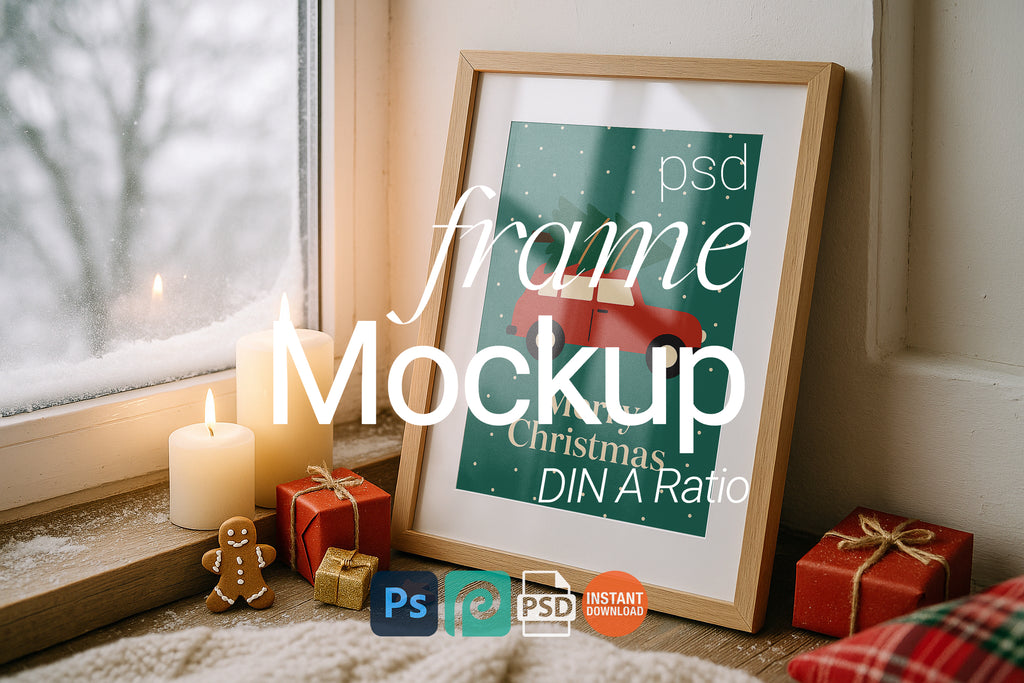 Christmas frame mockup with light wood frame by snowy window, candles, gingerbread cookie and holiday gifts for festive winter design showcase