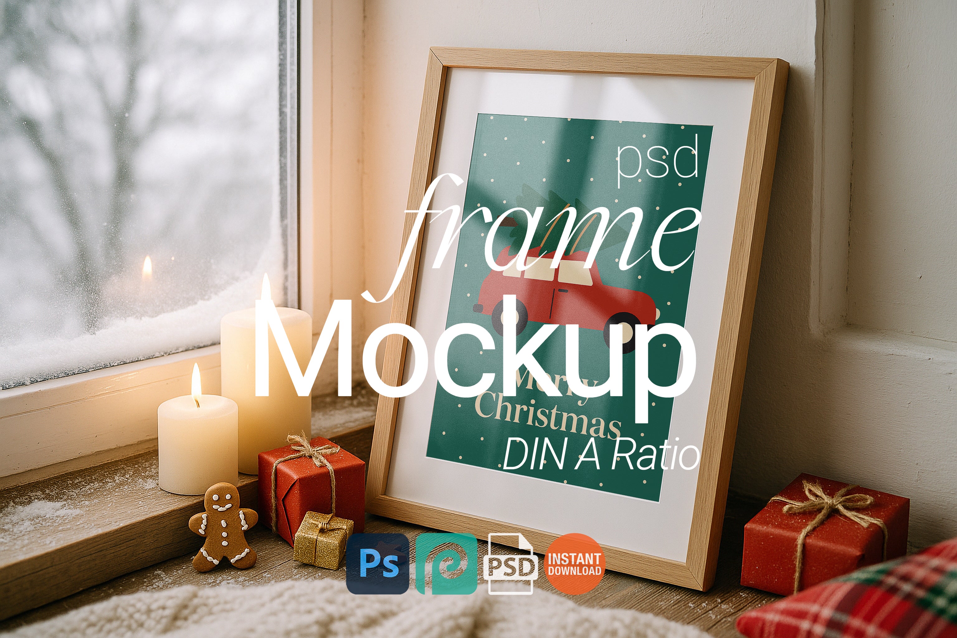 Christmas frame mockup with light wood frame by snowy window, candles, gingerbread cookie and holiday gifts for festive winter design showcase