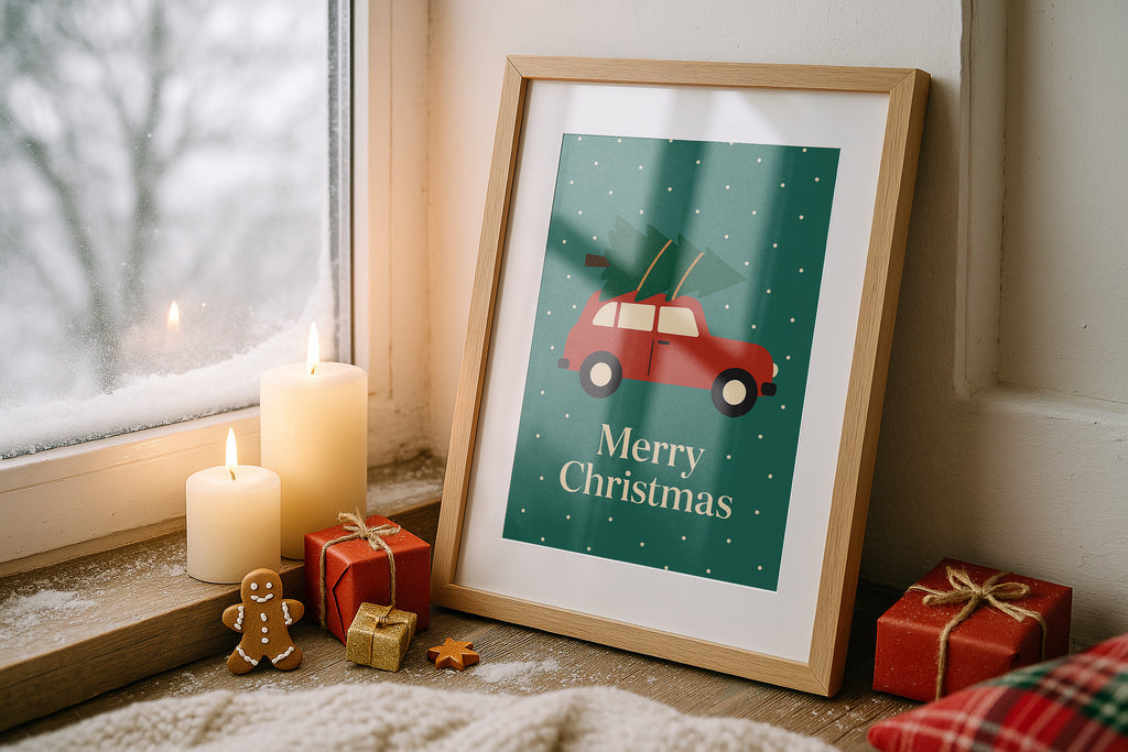 Christmas frame mockup with light wood frame by snowy window, candles, gingerbread cookie and holiday gifts for festive winter design showcase