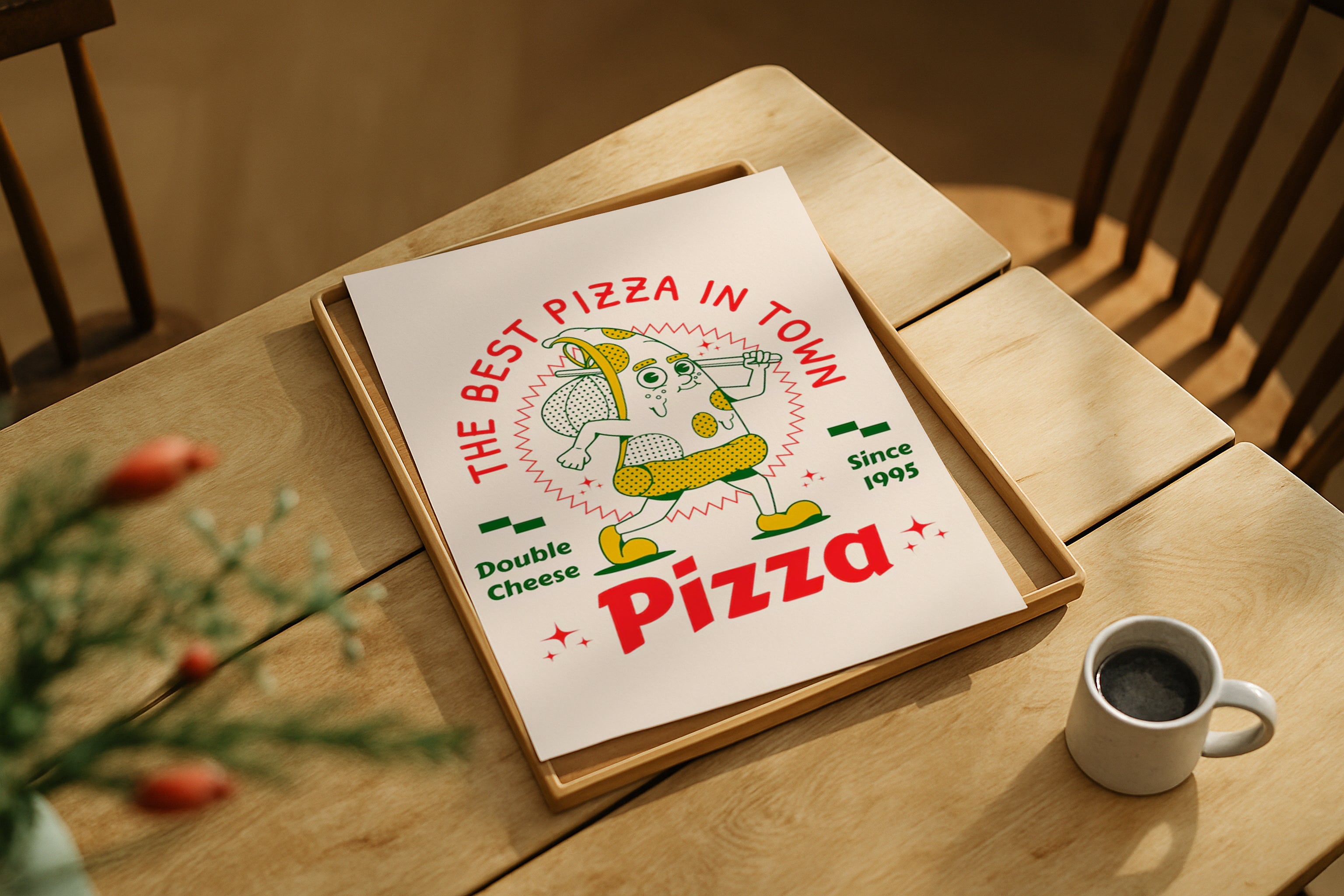 Vertical DIN Ratio poster mockup styled on wooden table with coffee cup, PSD template for Etsy wall art.