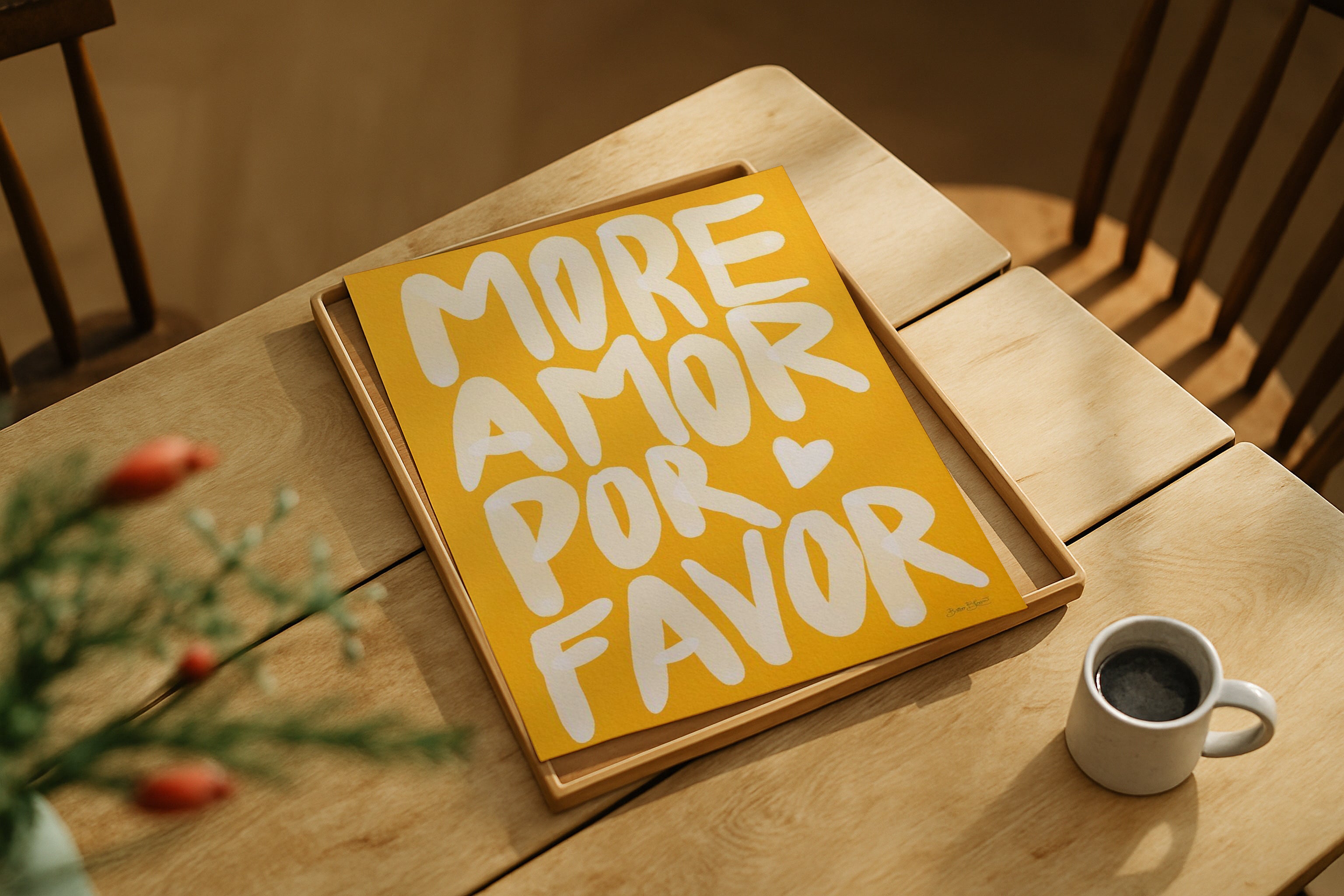 Vertical DIN Ratio poster mockup styled on wooden table with coffee cup, PSD template for Etsy wall art.