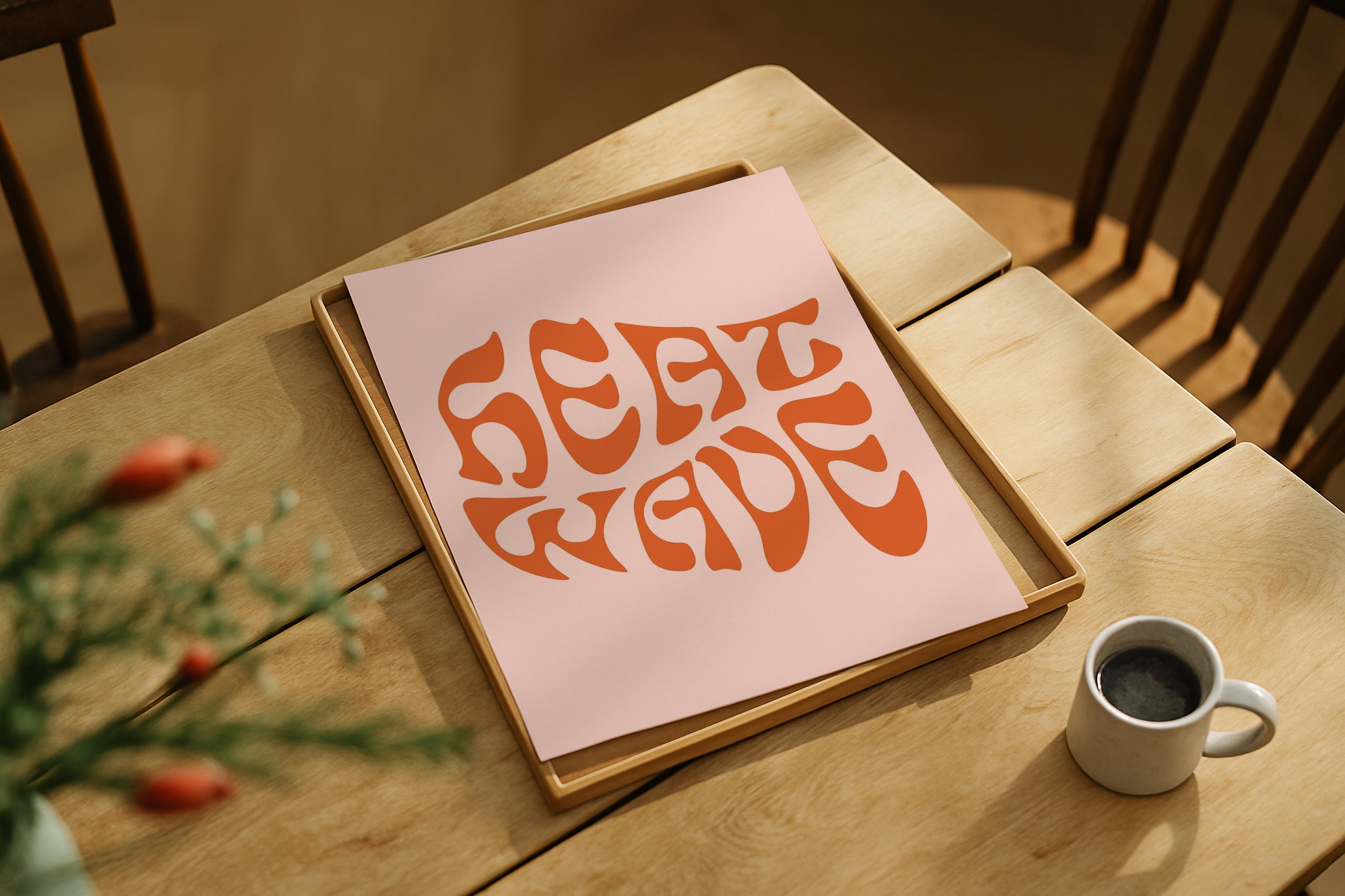 Vertical DIN Ratio poster mockup styled on wooden table with coffee cup, PSD template for Etsy wall art.