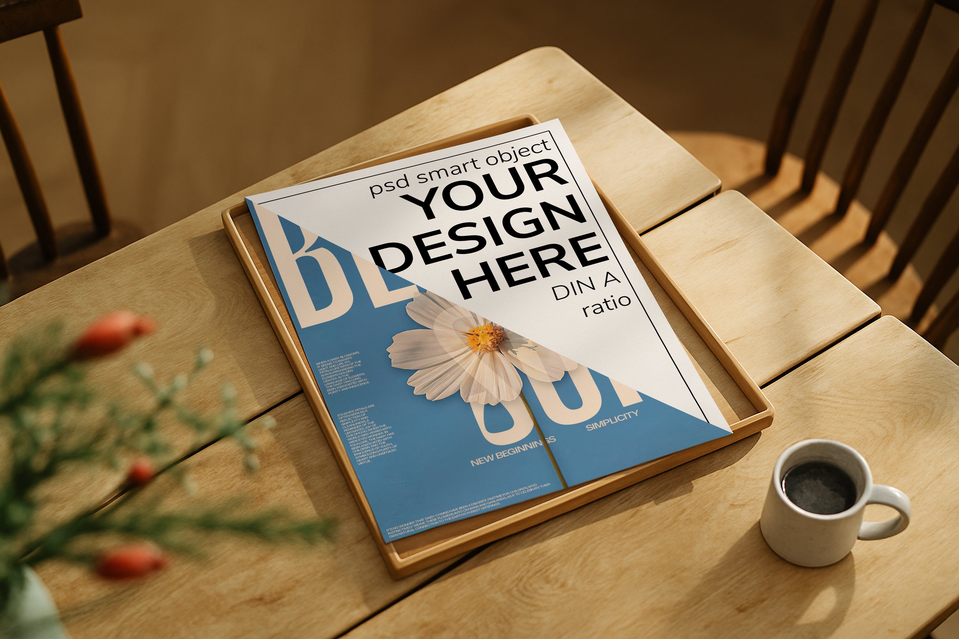 Vertical DIN Ratio poster mockup styled on wooden table with coffee cup, PSD template for Etsy wall art.