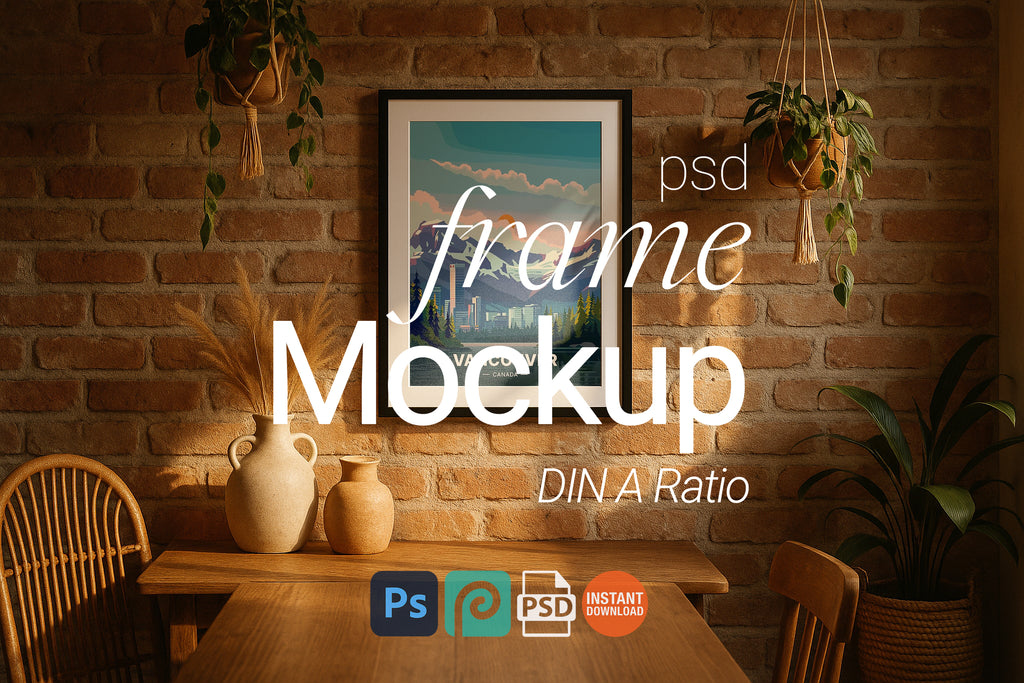 Single Poster Mockup Rustic Wall Black Frame Boho Interior Natural Decor Digital PSD