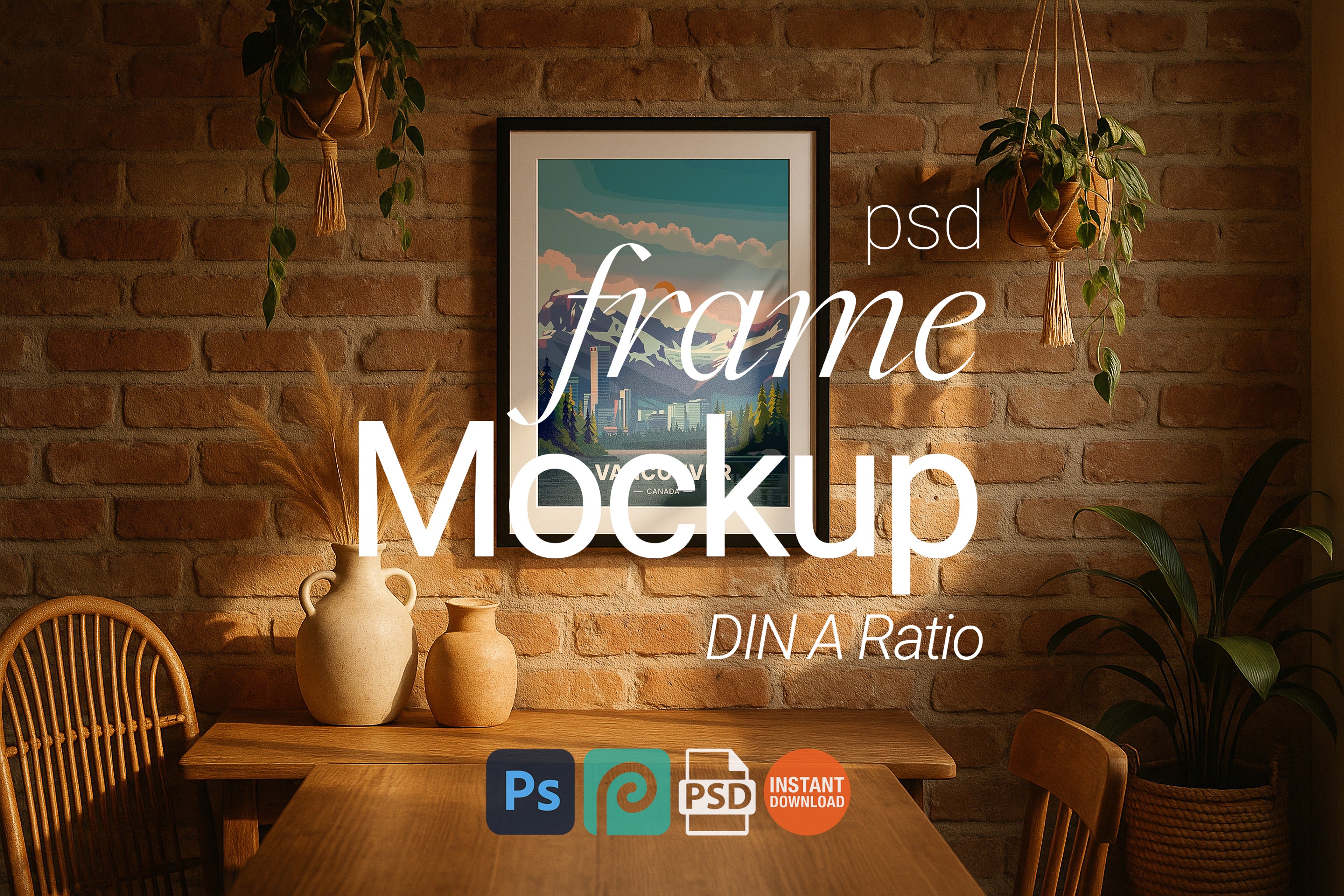 Single Poster Mockup Rustic Wall Black Frame Boho Interior Natural Decor Digital PSD