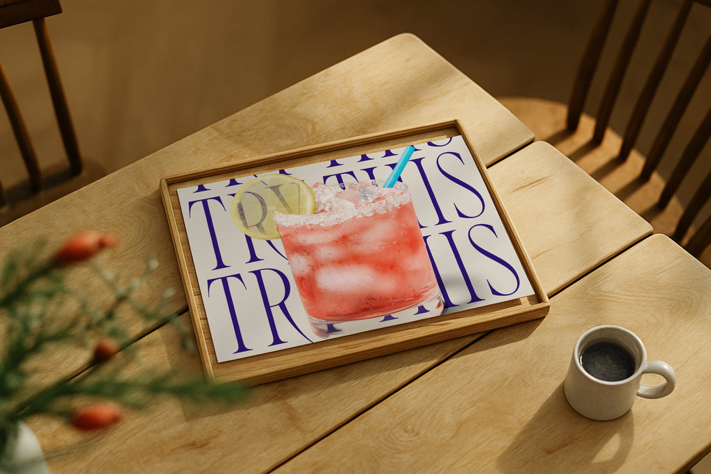 Vertical DIN Ratio poster mockup styled on wooden table with coffee cup, PSD template for Etsy wall art.