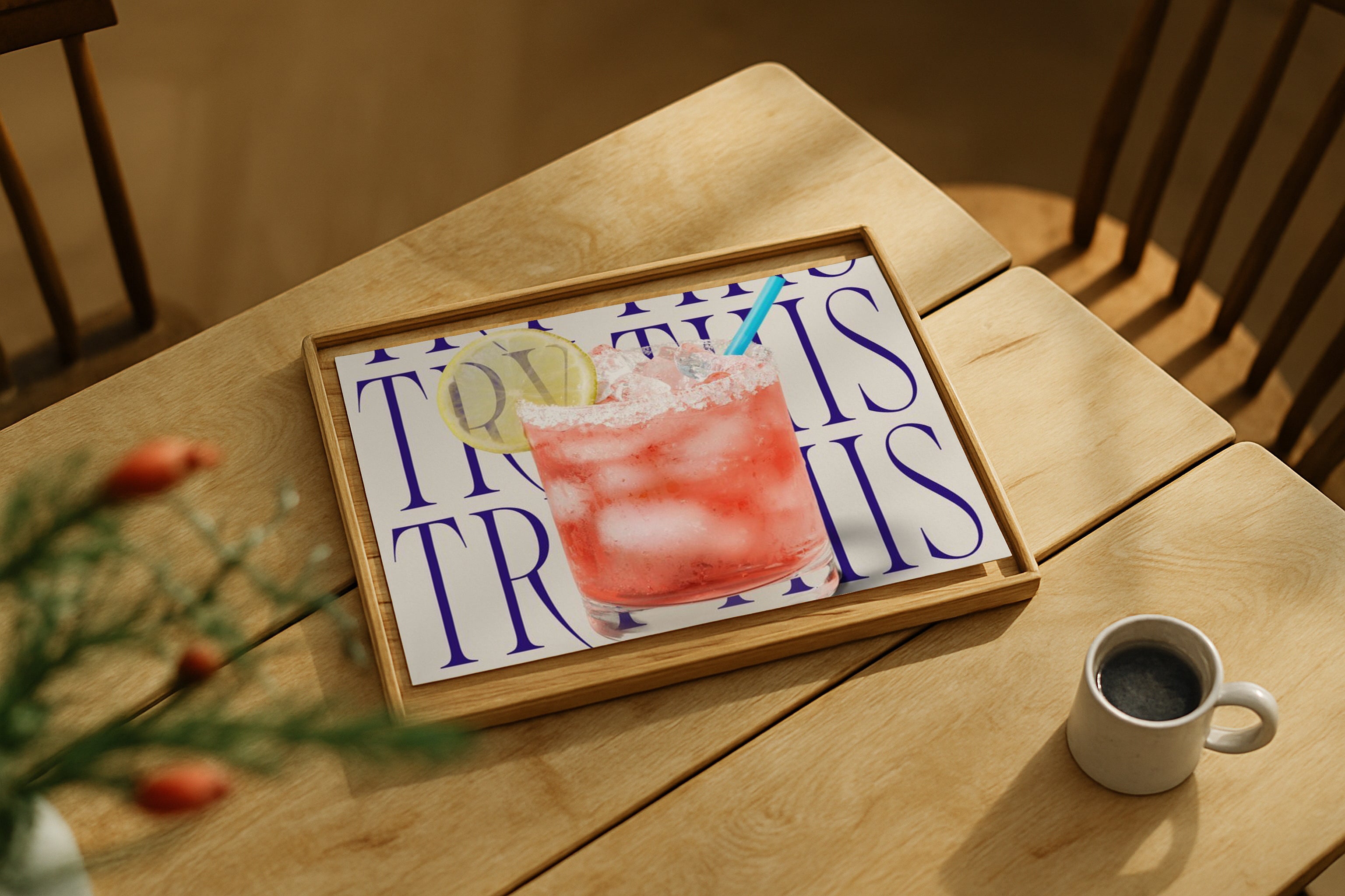 Vertical DIN Ratio poster mockup styled on wooden table with coffee cup, PSD template for Etsy wall art.