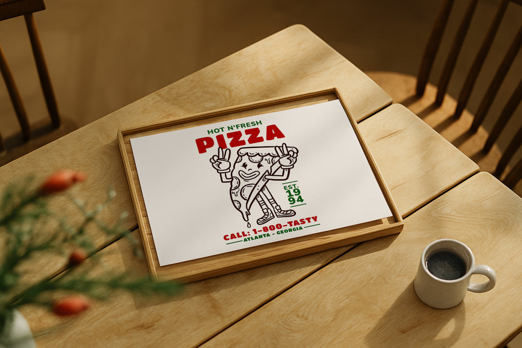 Vertical DIN Ratio poster mockup styled on wooden table with coffee cup, PSD template for Etsy wall art.