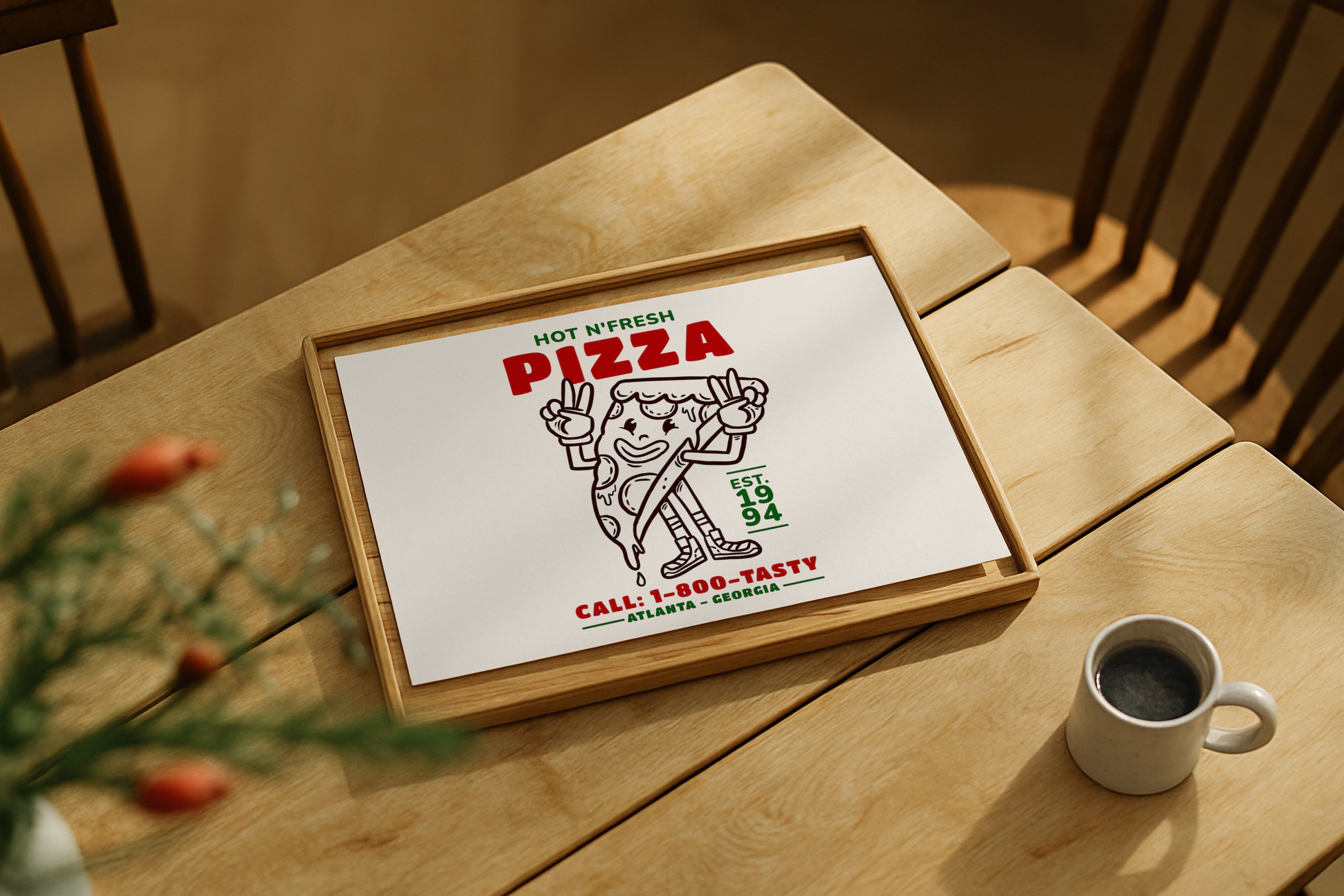 Vertical DIN Ratio poster mockup styled on wooden table with coffee cup, PSD template for Etsy wall art.