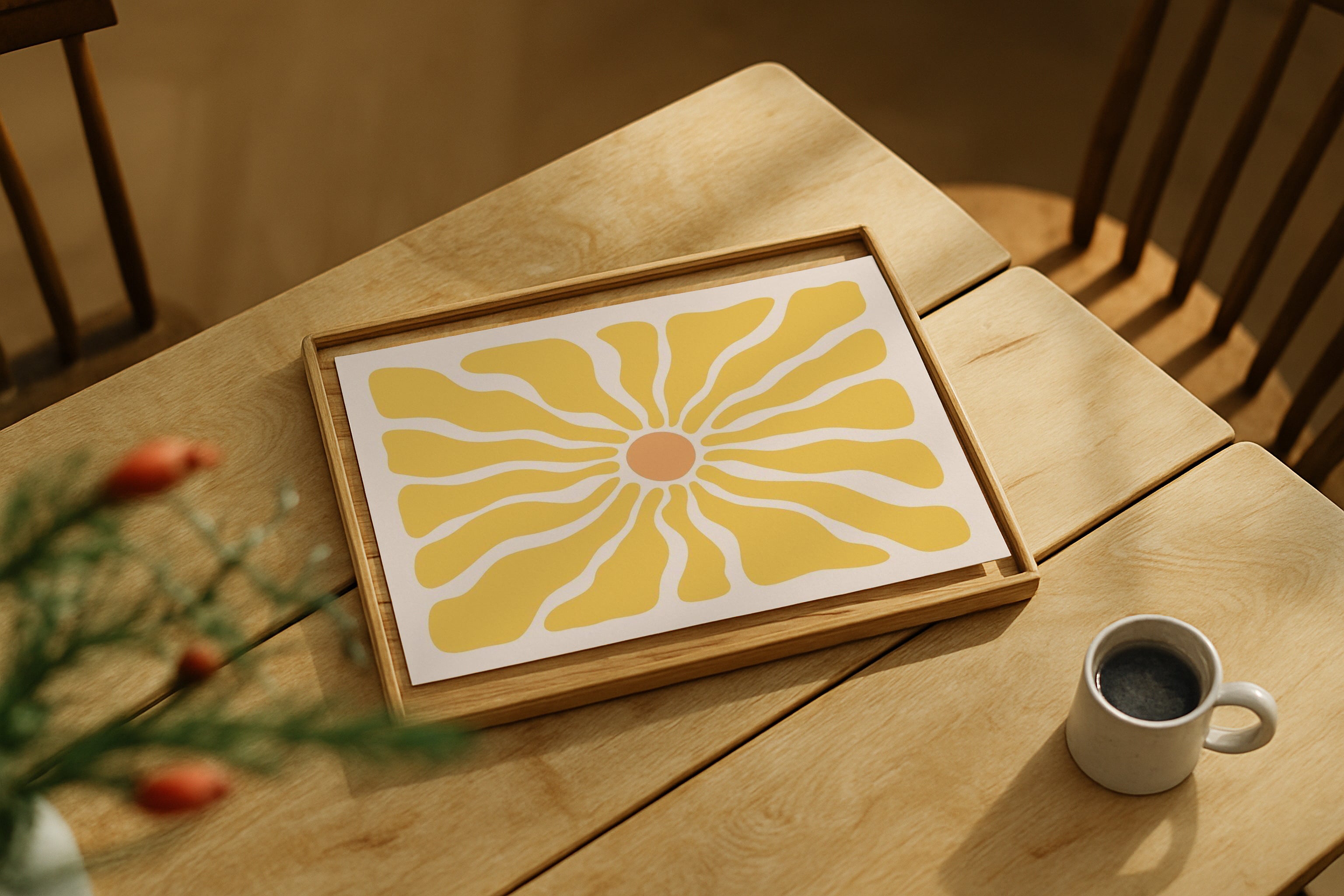 Vertical DIN Ratio poster mockup styled on wooden table with coffee cup, PSD template for Etsy wall art.