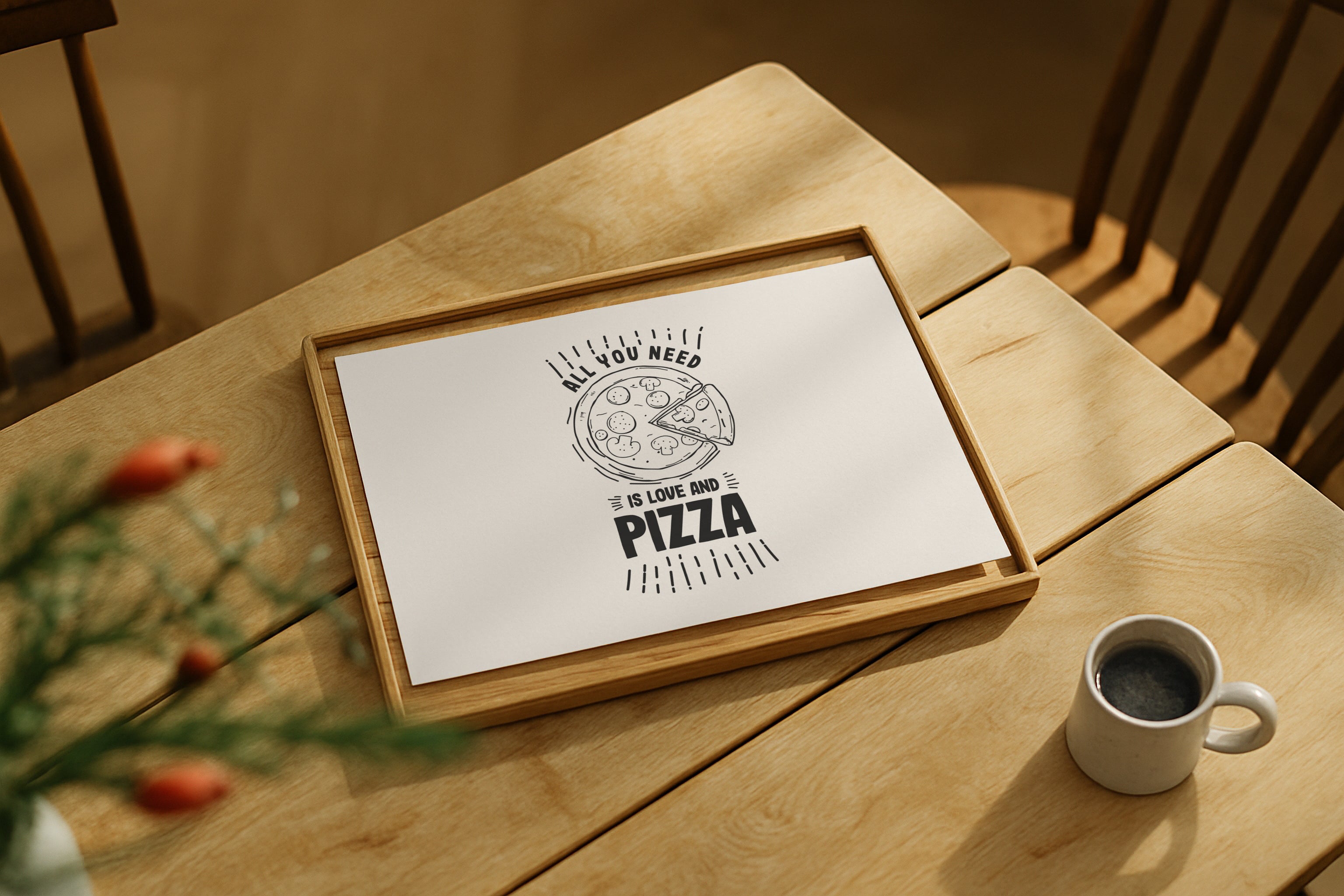 Vertical DIN Ratio poster mockup styled on wooden table with coffee cup, PSD template for Etsy wall art.