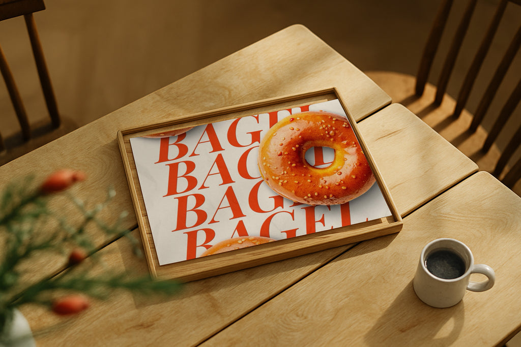 Vertical DIN Ratio poster mockup styled on wooden table with coffee cup, PSD template for Etsy wall art.