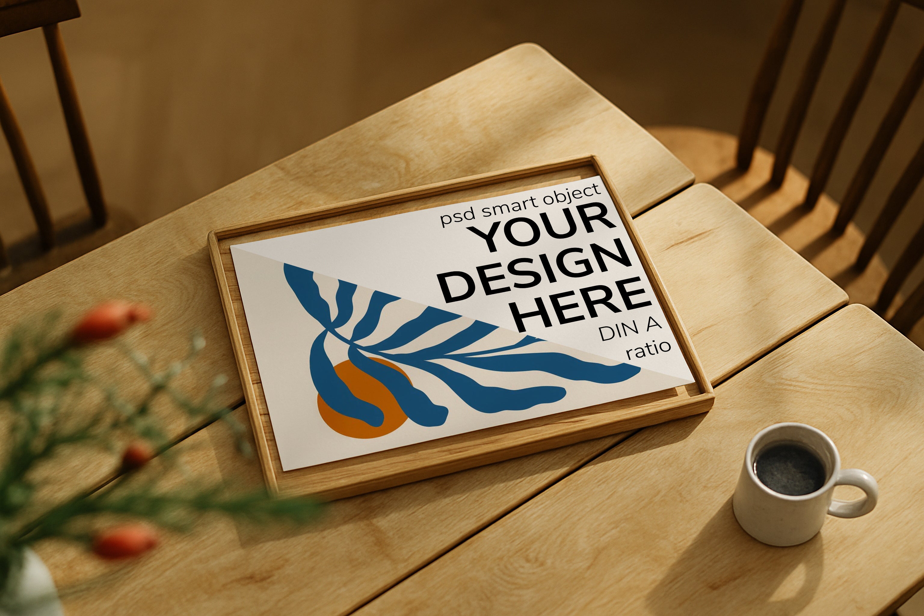 Vertical DIN Ratio poster mockup styled on wooden table with coffee cup, PSD template for Etsy wall art.