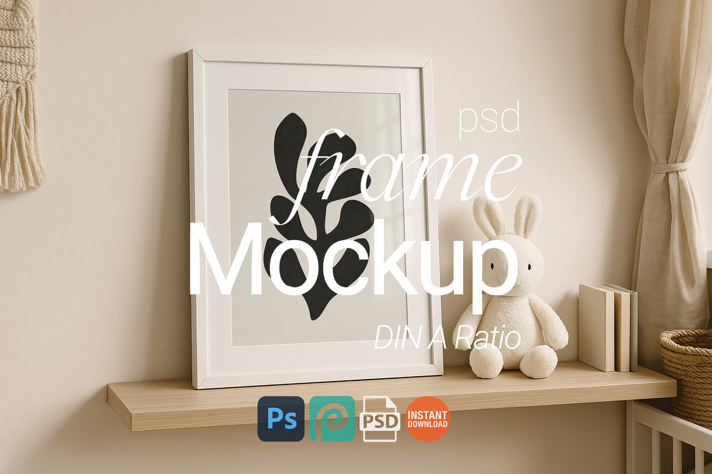 Nursery Single Frame Mockup White Minimal Kids Room Wall Art Digital Poster PSD Template
