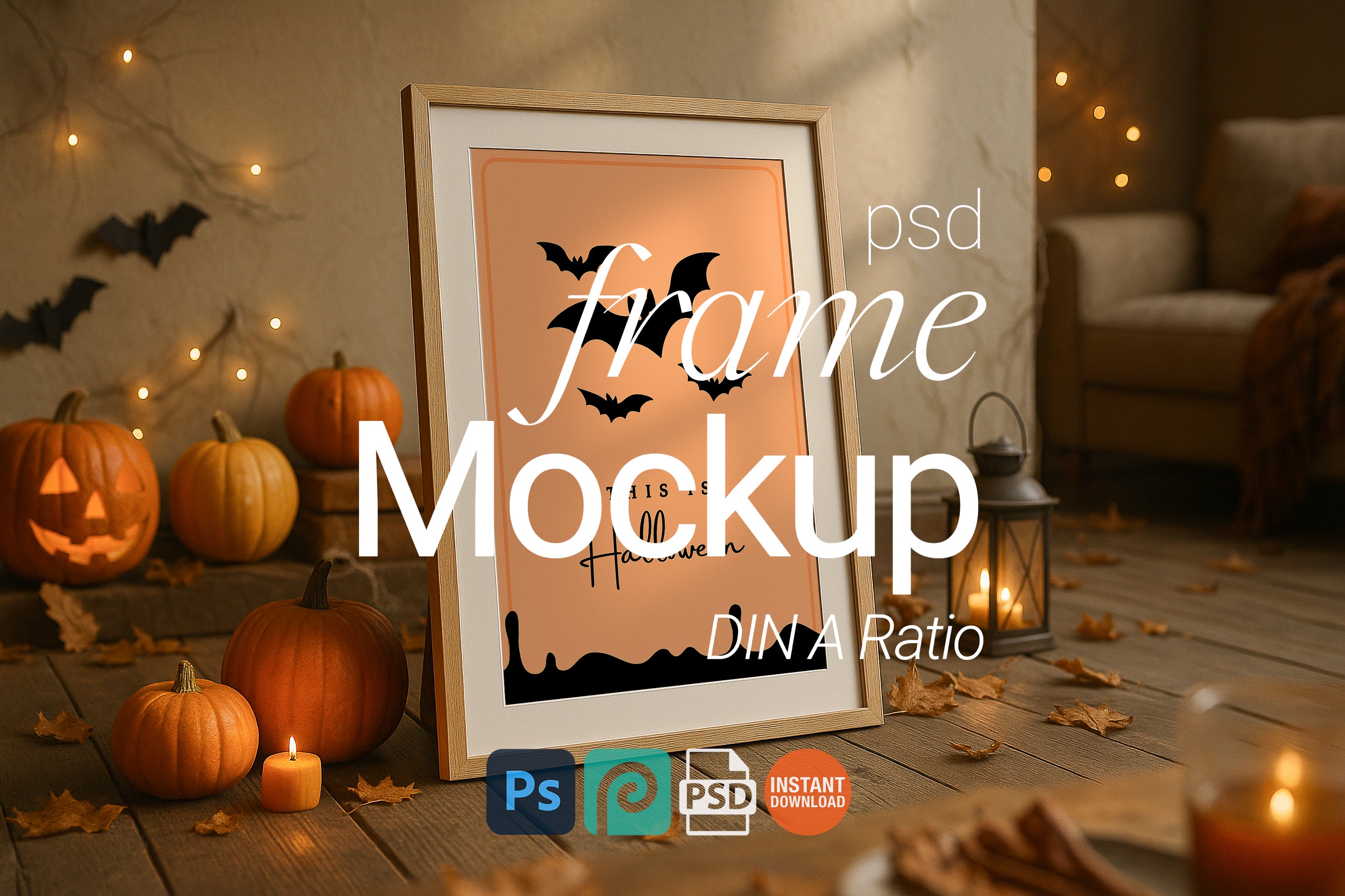 Halloween Single Frame Mockup Rustic Wall Art Digital PSD Template