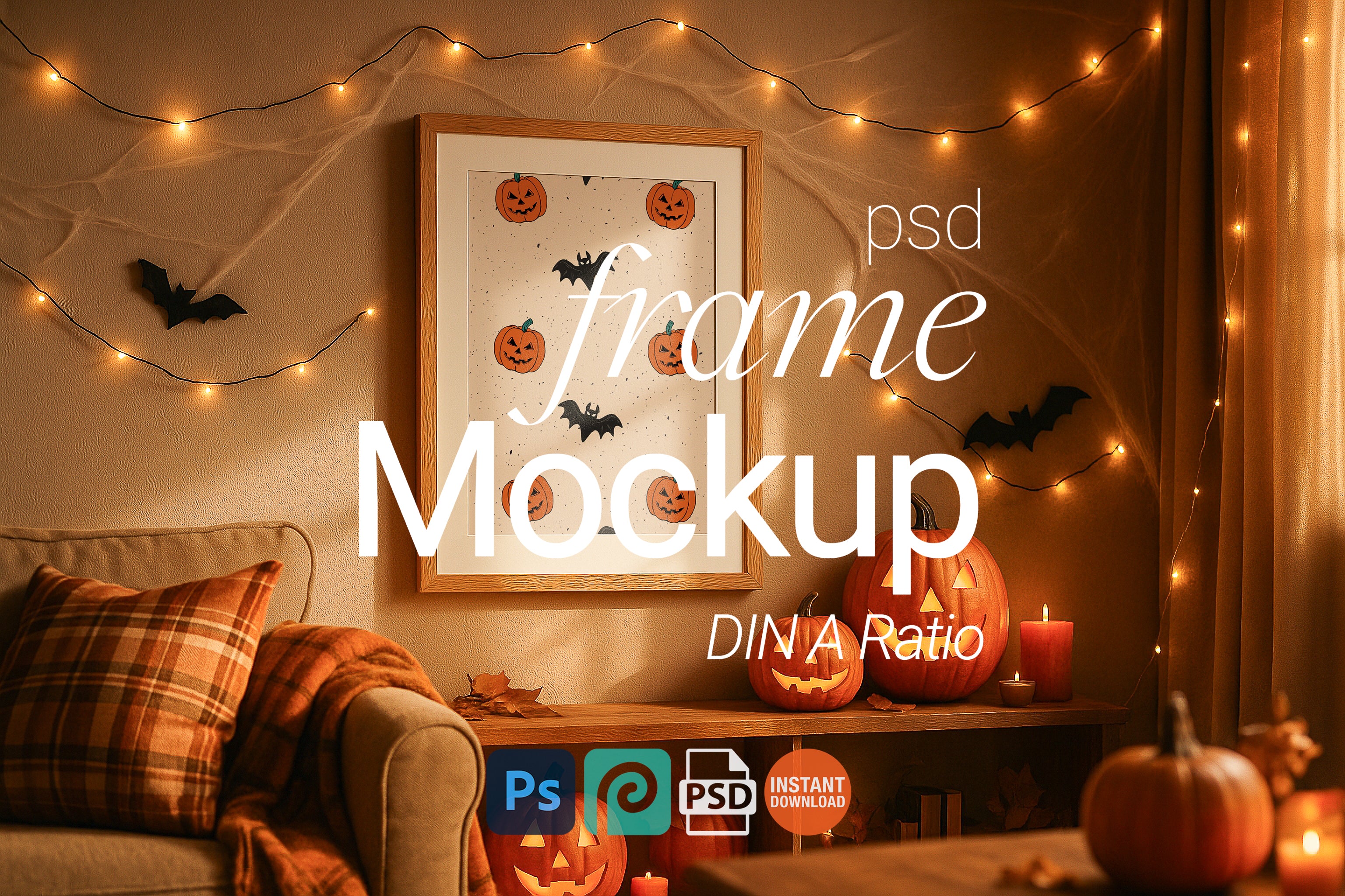 Single Halloween Frame Mockup Rustic Wall Art Digital Poster PSD Template