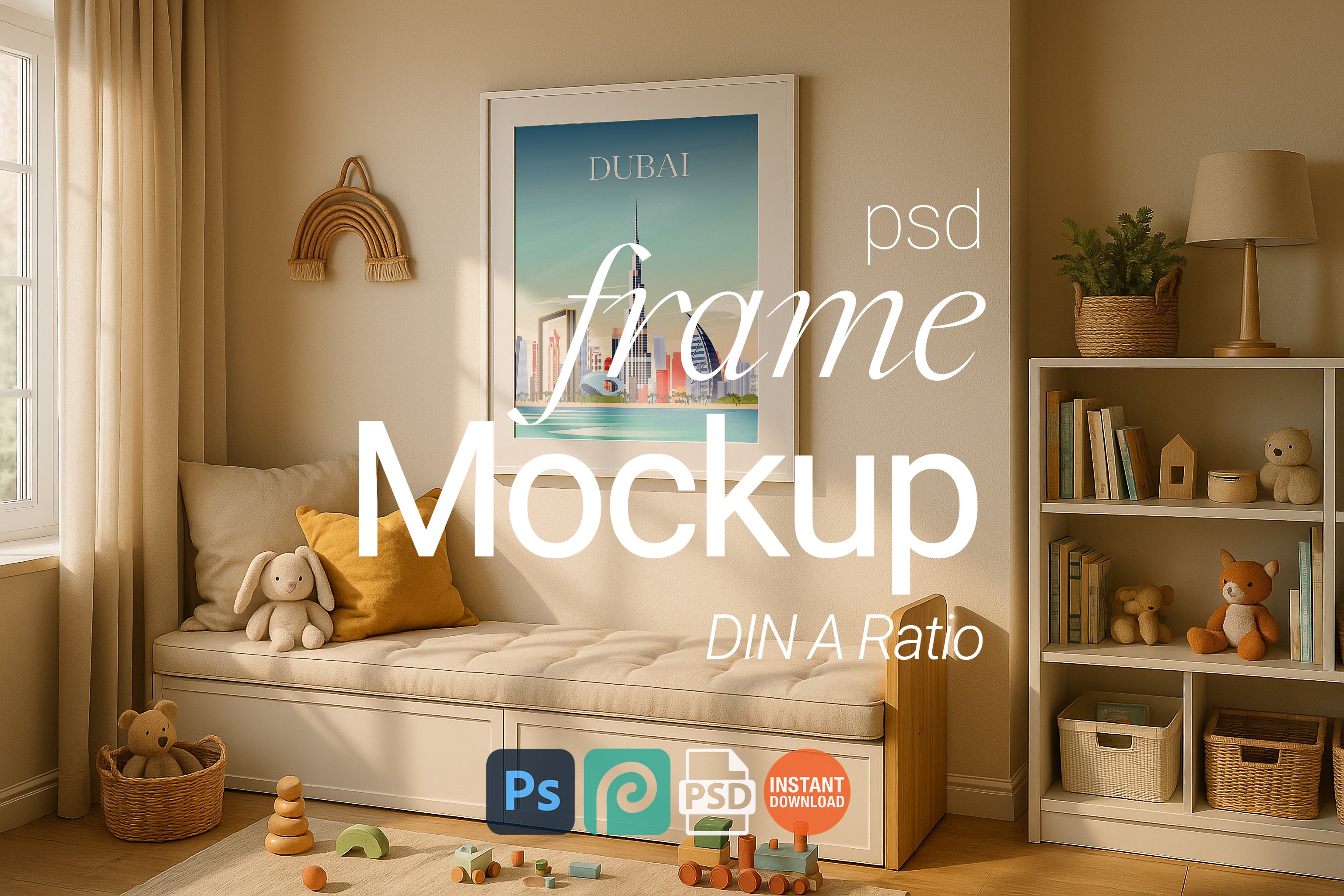 Single White Frame Mockup Sunlit Kids Room Poster Display Wall Art PSD Digital Download