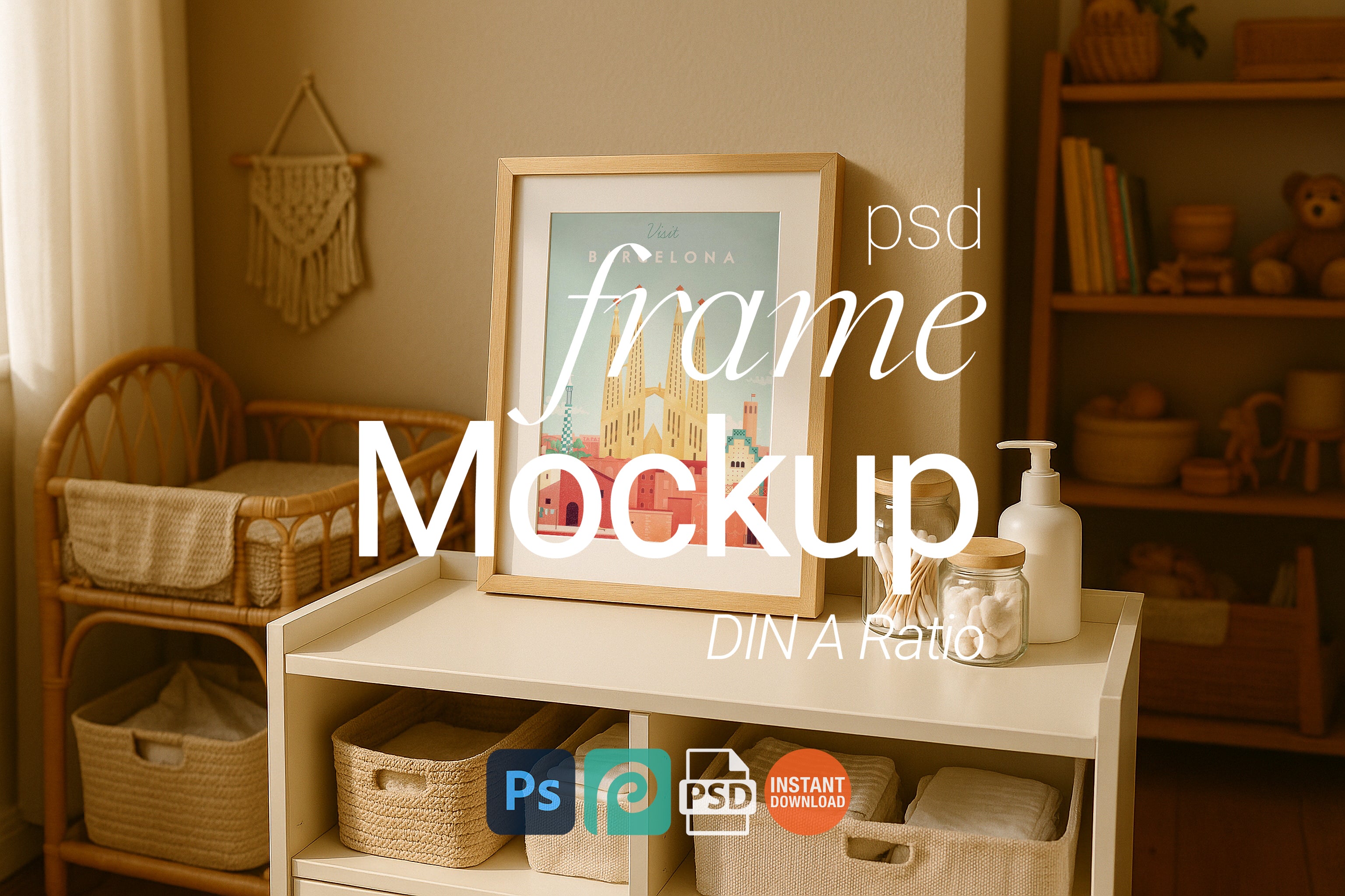Baby Changing Table Wooden Frame Mockup Wall Art Digital PSD Print on Demand Template