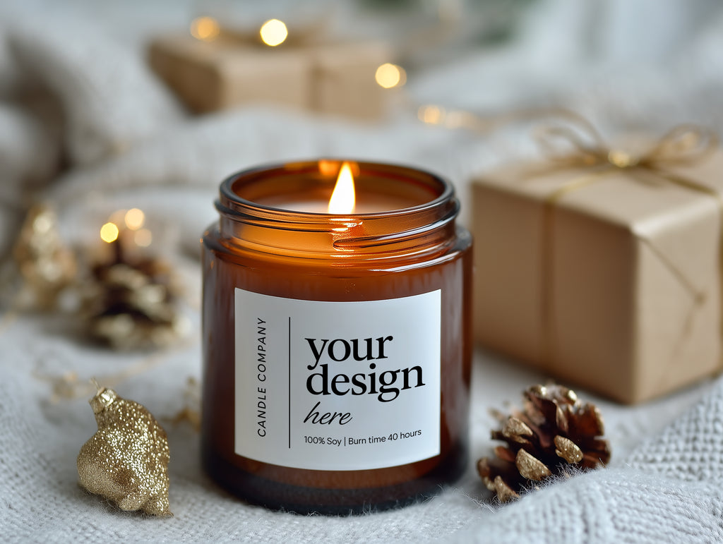Christmas 9oz Amber Jar Candle Mockup PSD Digital Print on Demand Template