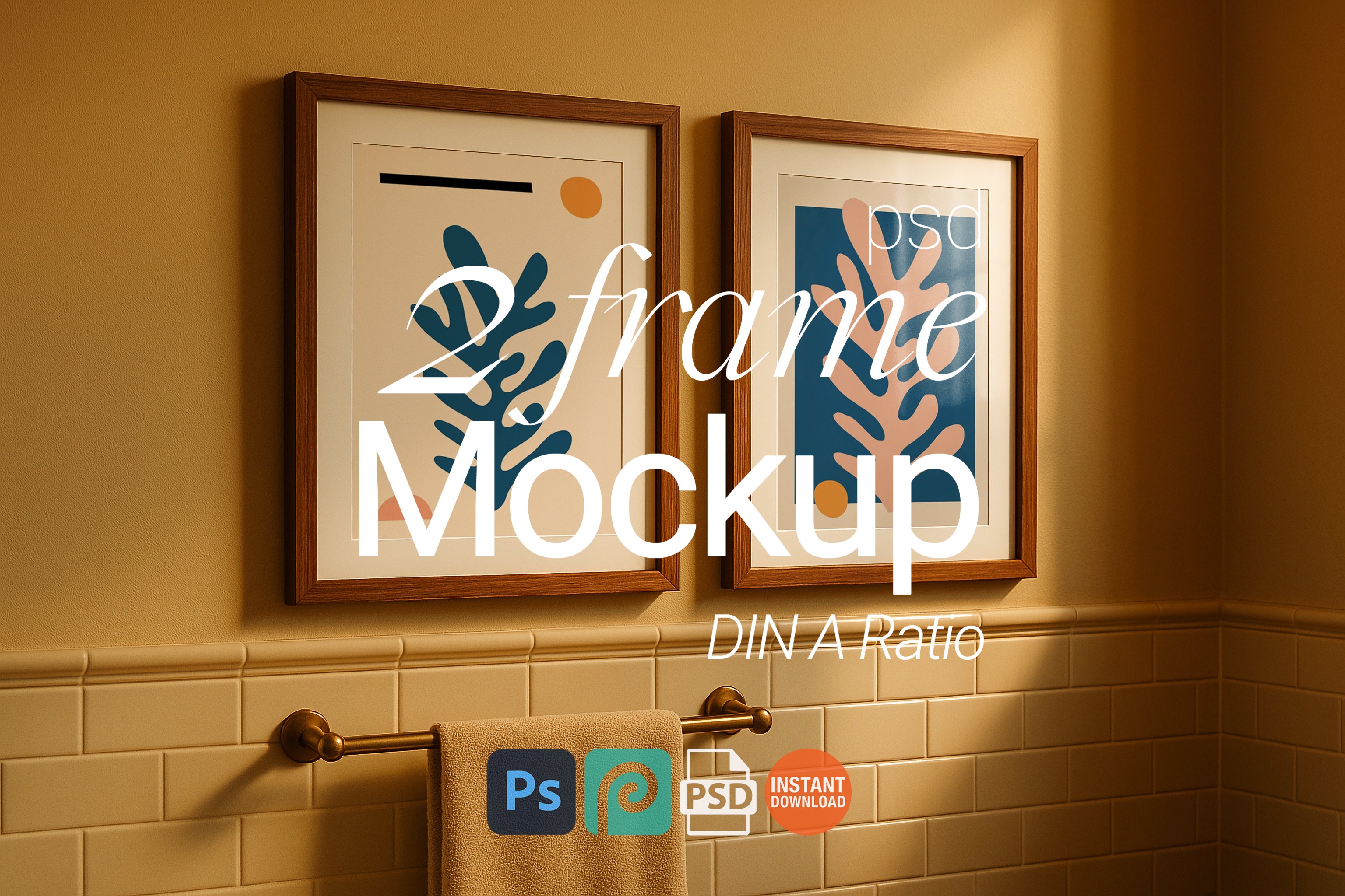 2 Frame Mockup Bathroom Double Poster Display Wooden Wall Art Minimal Interior PSD Download