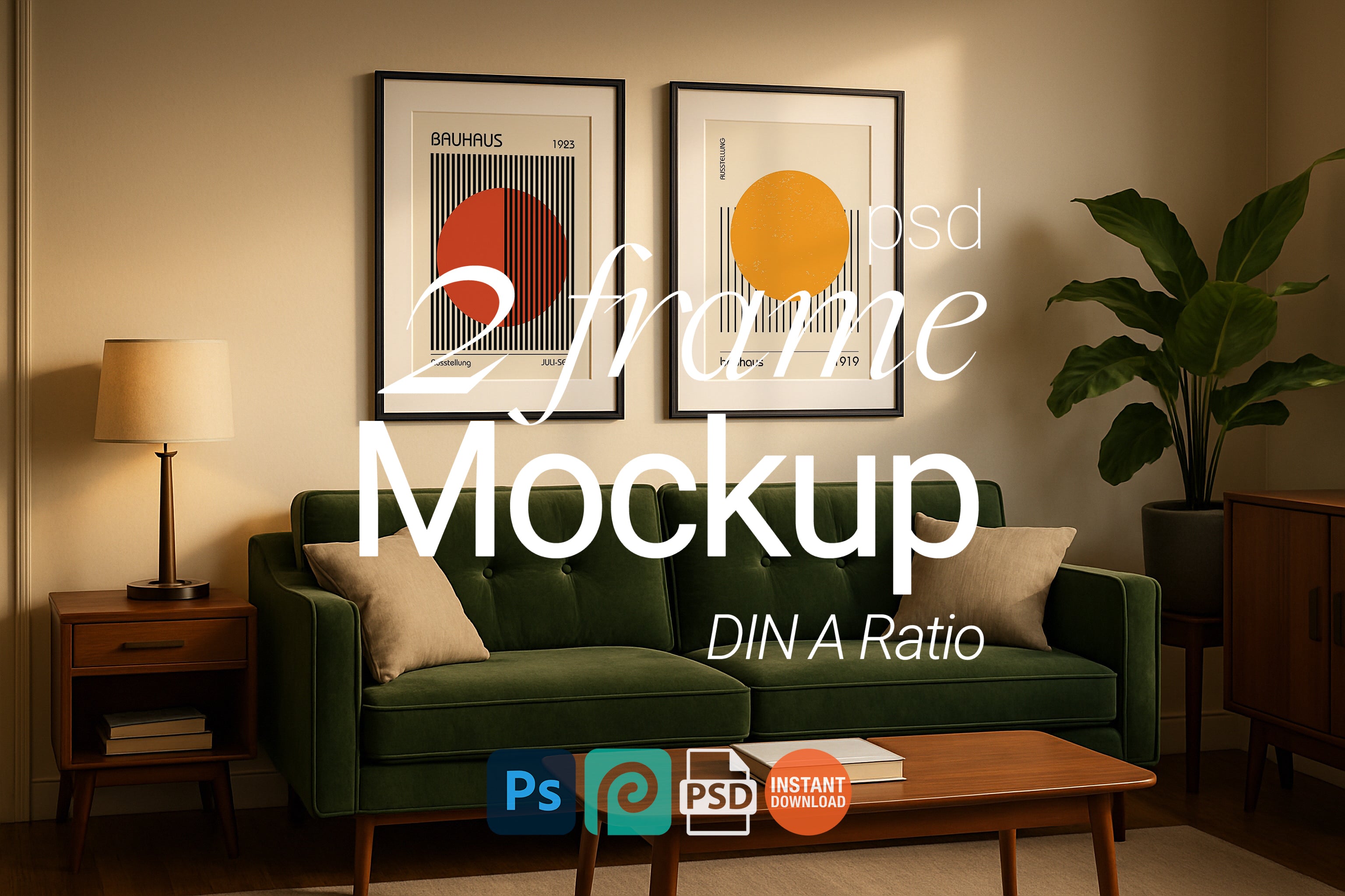 2 Frame Mockup Living Room Double Poster Display Black Wall Art PSD Digital Download