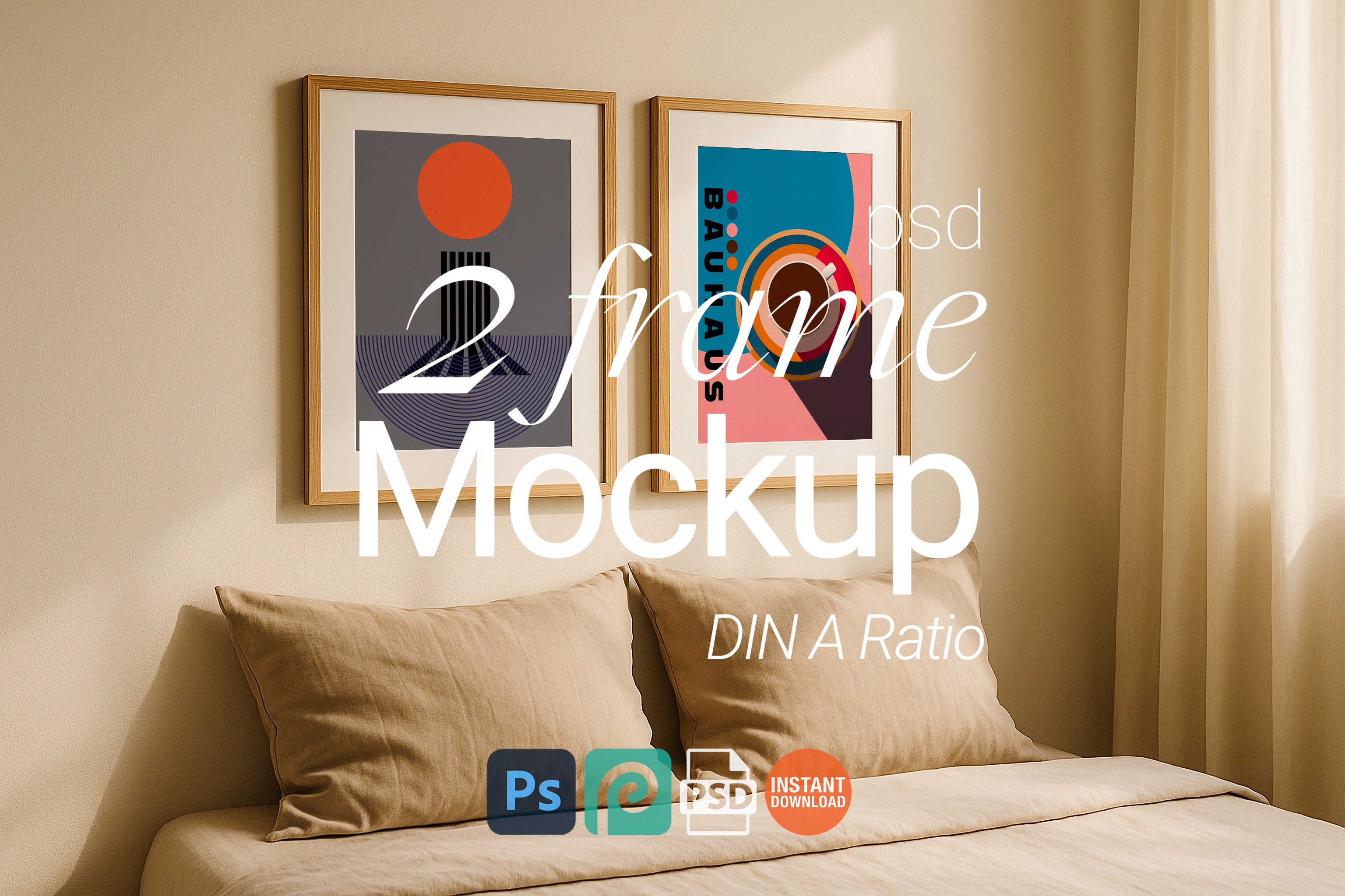 2 Frame Mockup Bedroom Double Poster Display Wooden Wall Art PSD Digital Download