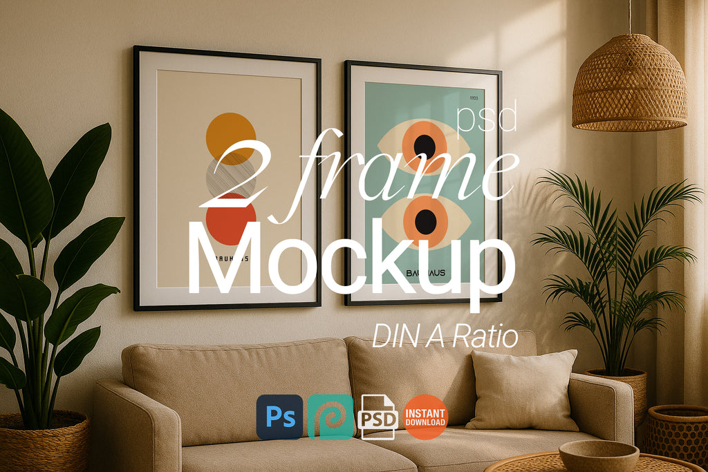 2 Frame Mockup Boho Living Room Double Wall Art Black Frame PSD Digital Print